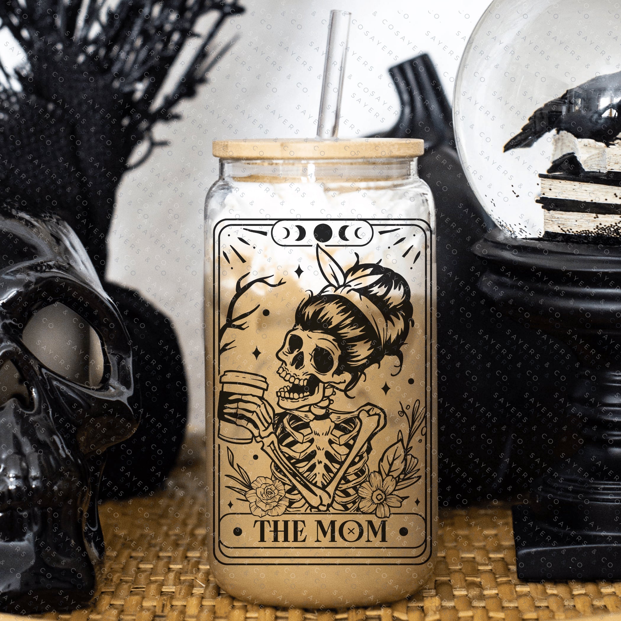 Funny Tarot Card Glass Cup with bamboo lid and straw, showcasing a whimsical design perfect for drinks.