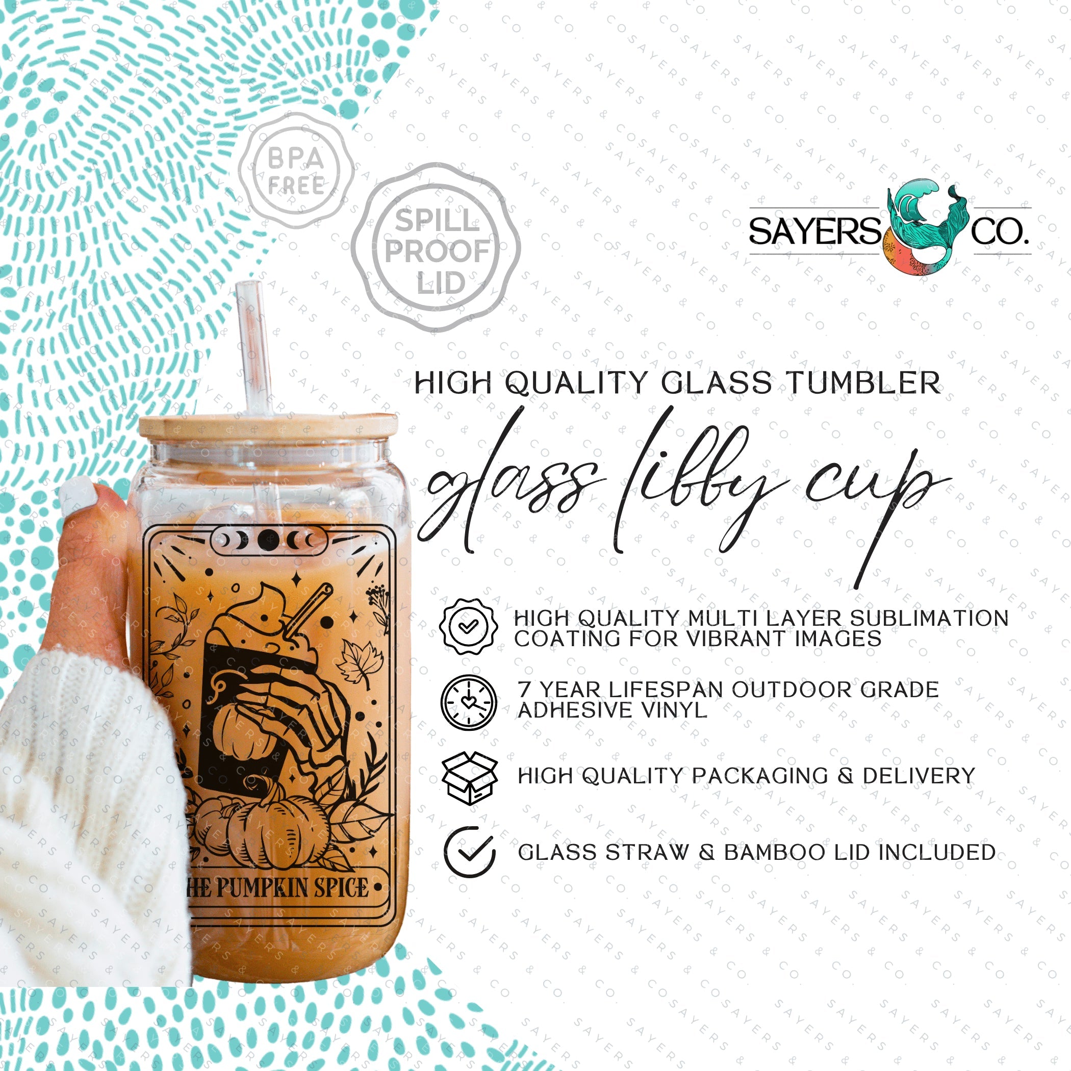 Funny Tarot Card Glass Cup with bamboo lid and straw, showcasing a whimsical design perfect for drinks.