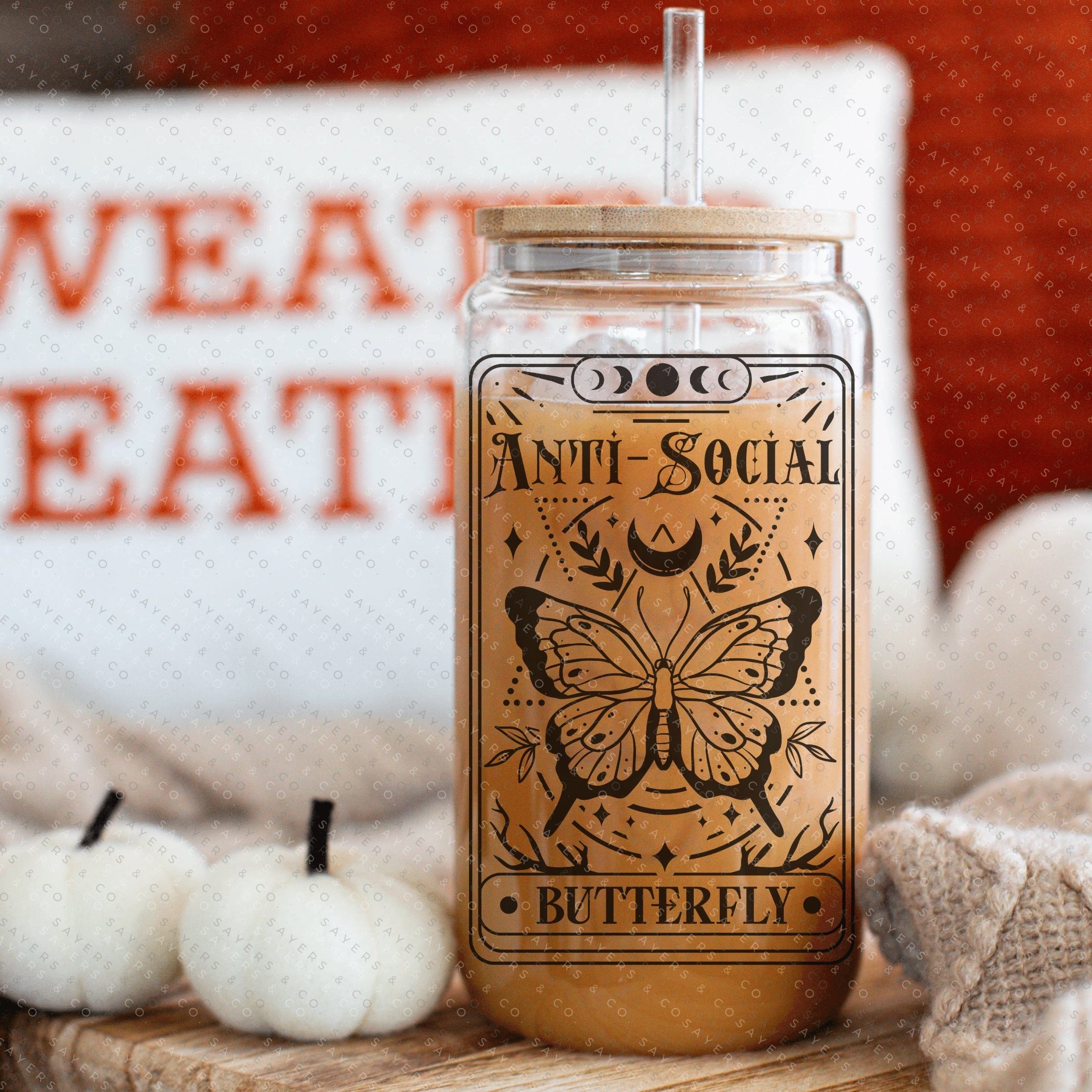 Funny Tarot Card Glass Cup with bamboo lid and straw, showcasing a whimsical design perfect for drinks.