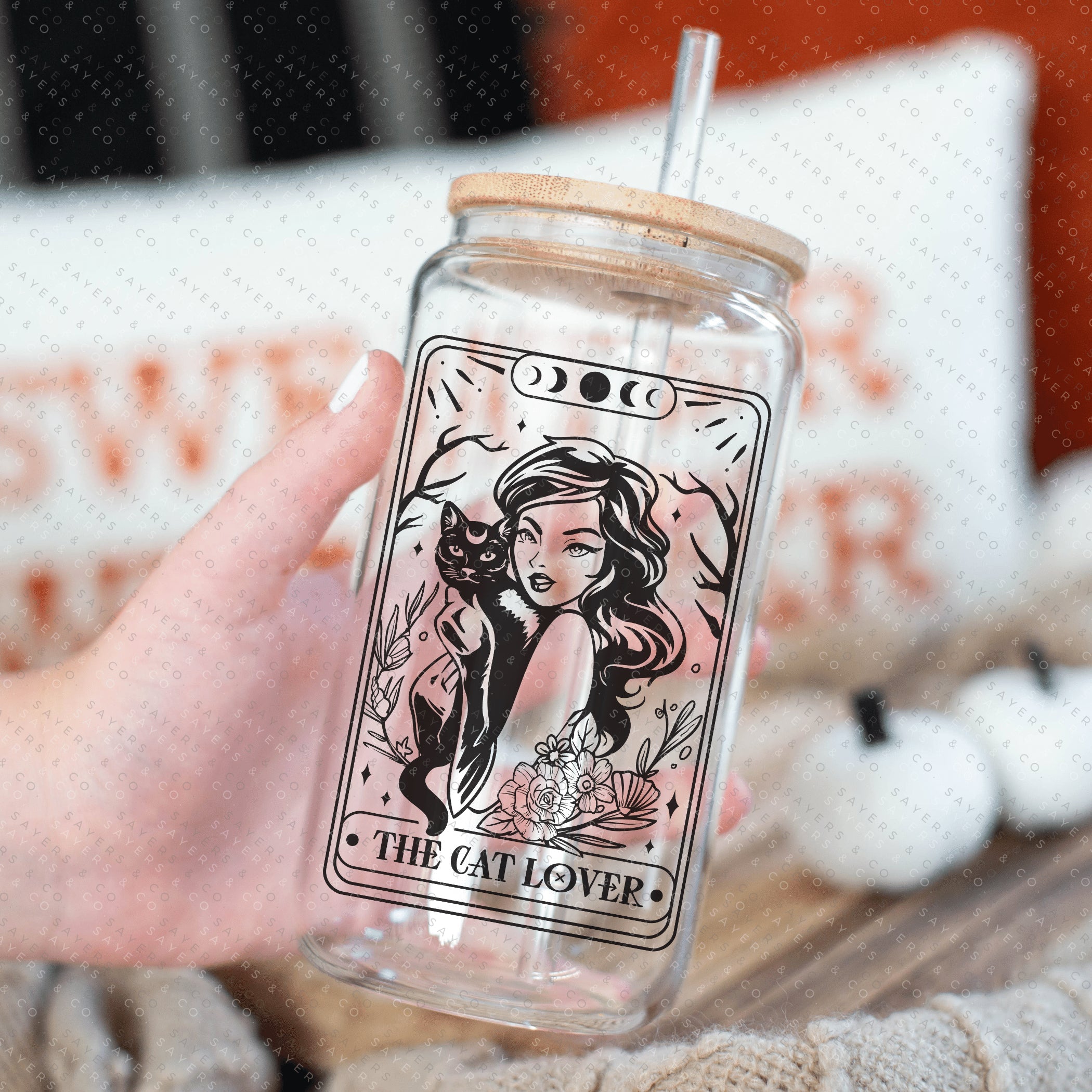 Funny Tarot Card Glass Cup with bamboo lid and straw, showcasing a whimsical design perfect for drinks.