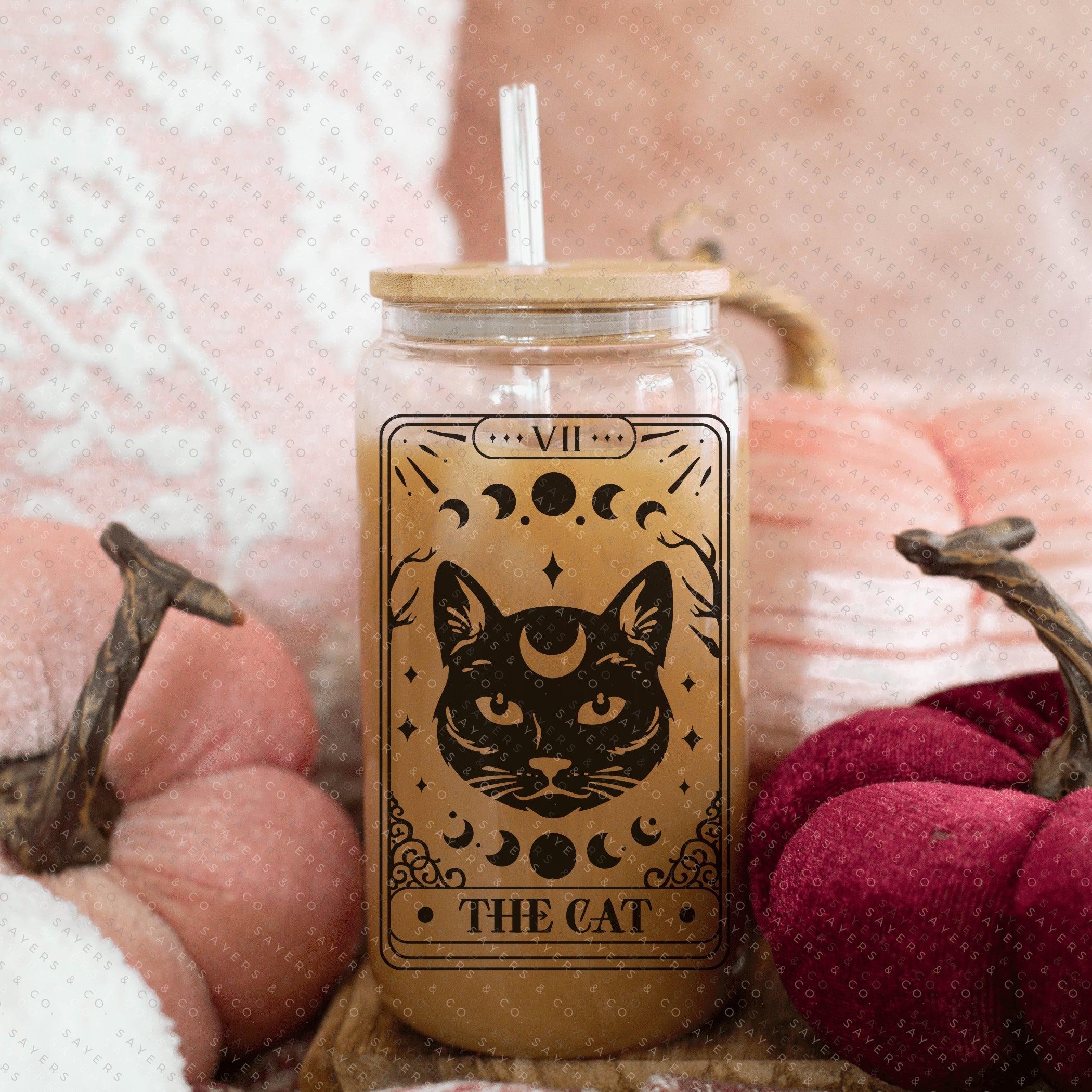 Funny Tarot Card Glass Cup with bamboo lid and straw, showcasing a whimsical design perfect for drinks.