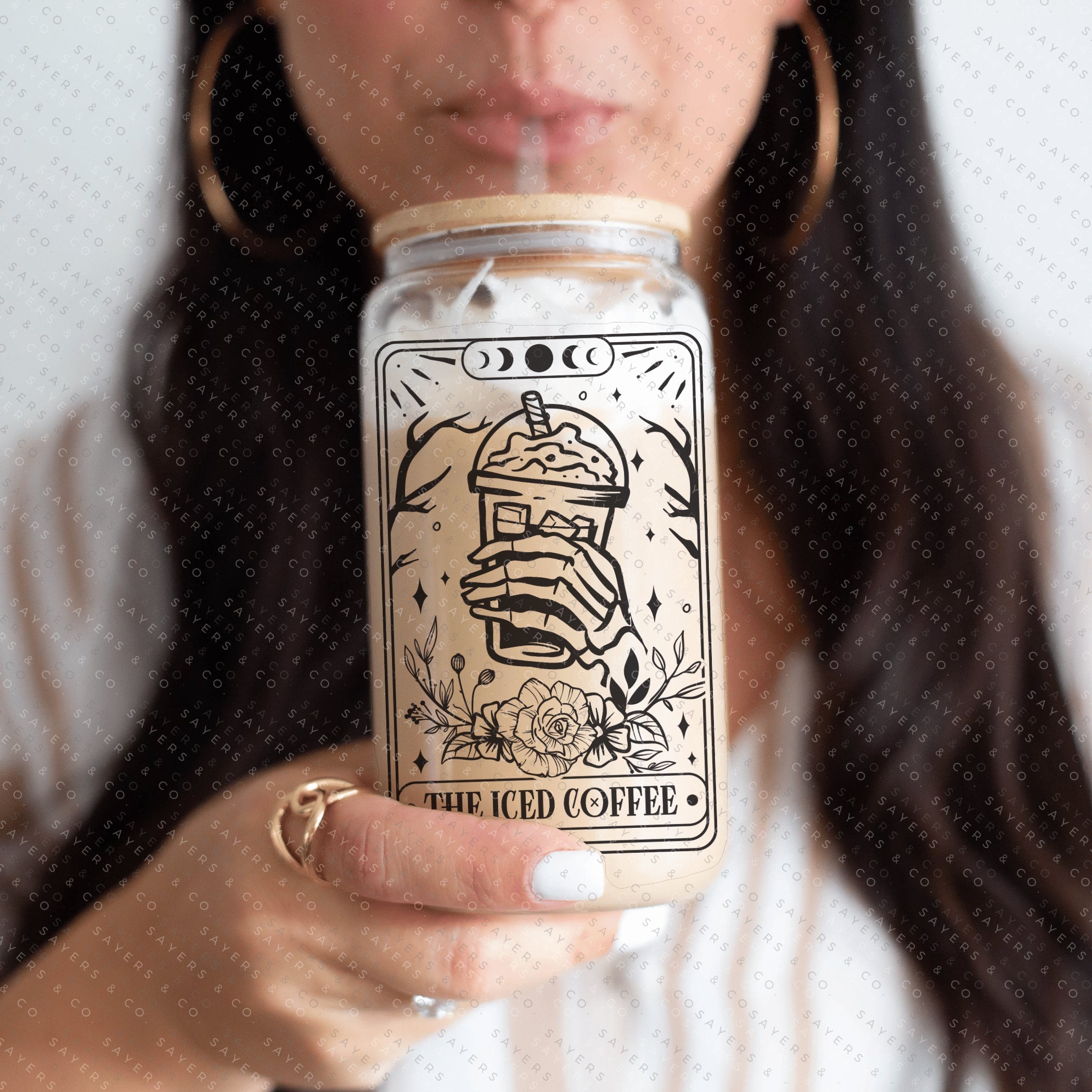 Funny Tarot Card Glass Cup with bamboo lid and straw, showcasing a whimsical design perfect for drinks.