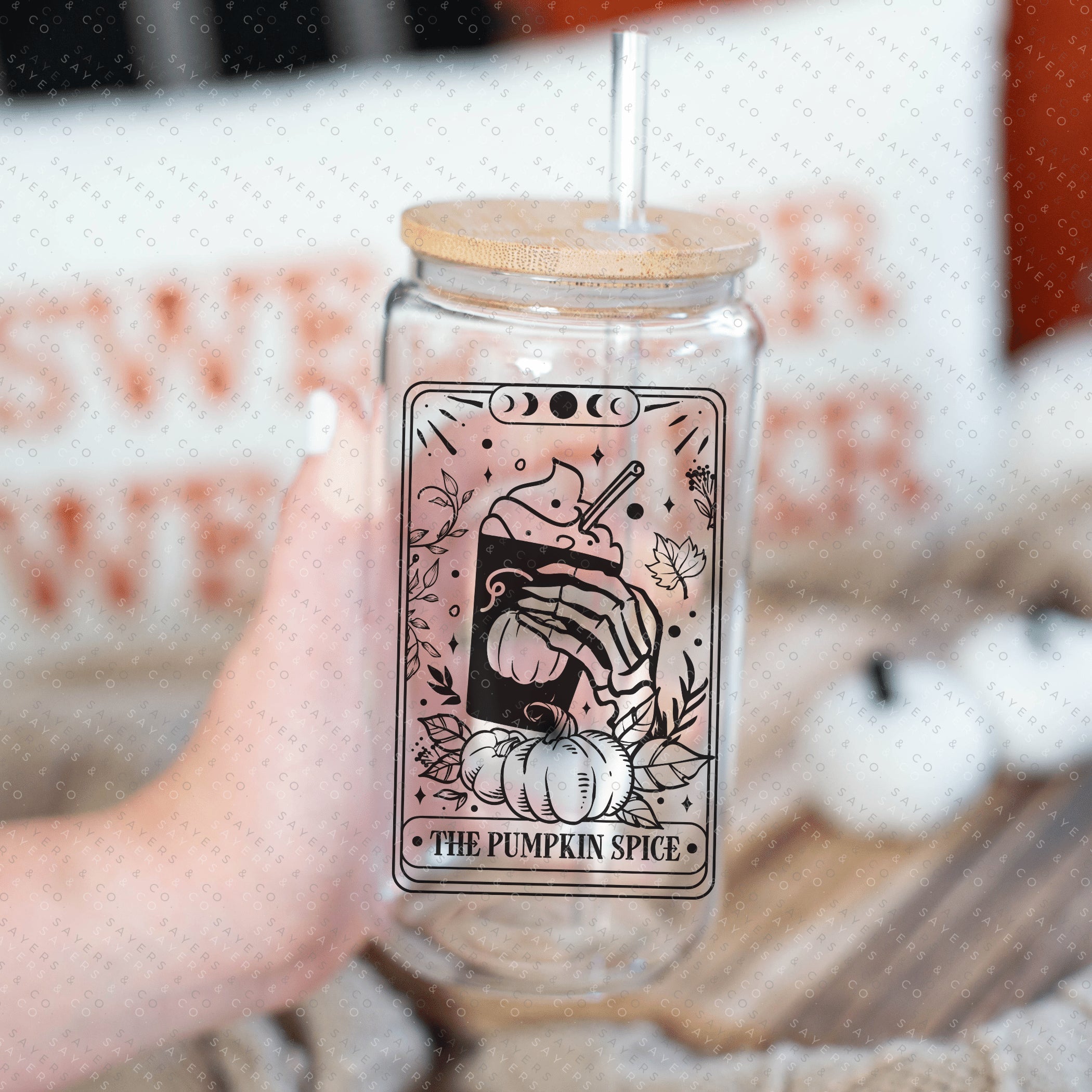 Funny Tarot Card Glass Cup with bamboo lid and straw, showcasing a whimsical design perfect for drinks.