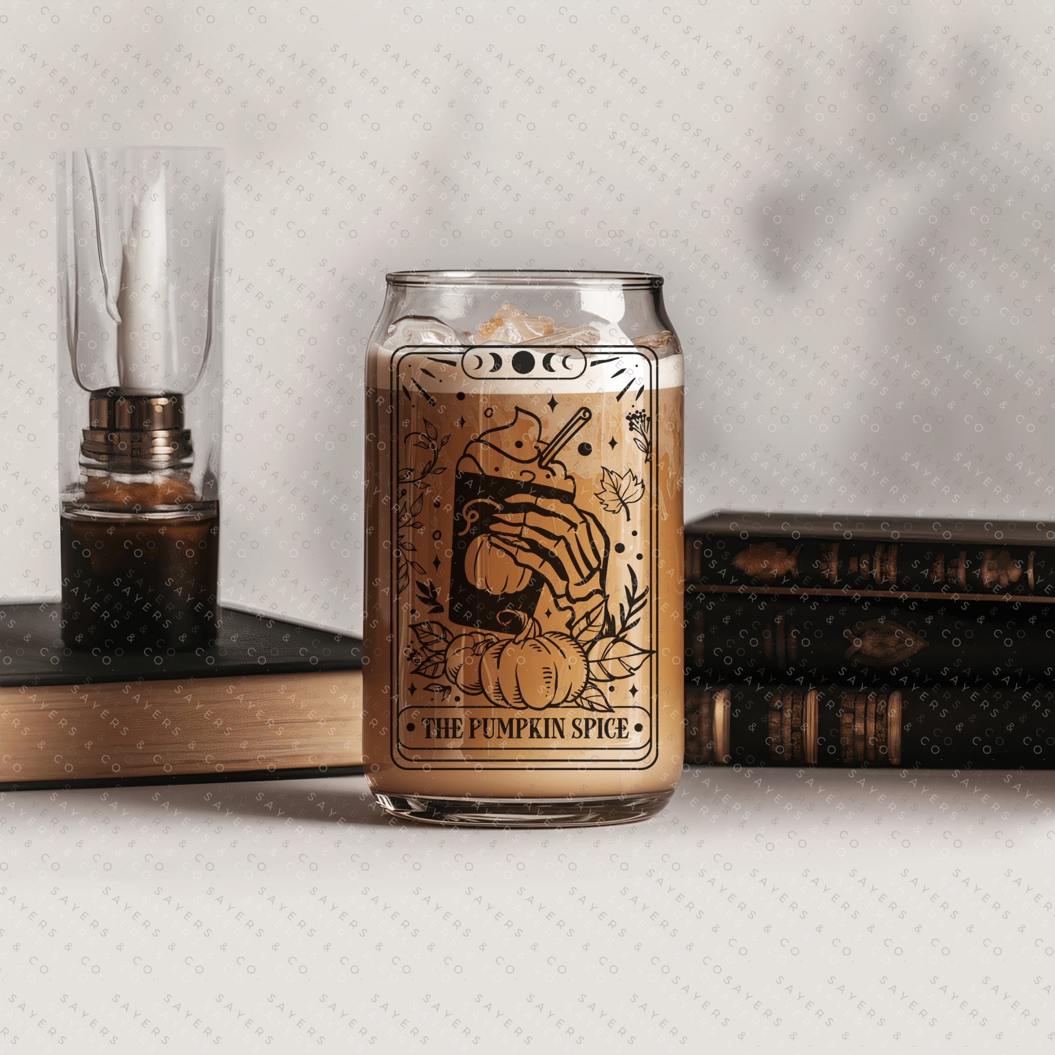 Funny Tarot Card Glass Cup with bamboo lid and straw, showcasing a whimsical design perfect for drinks.