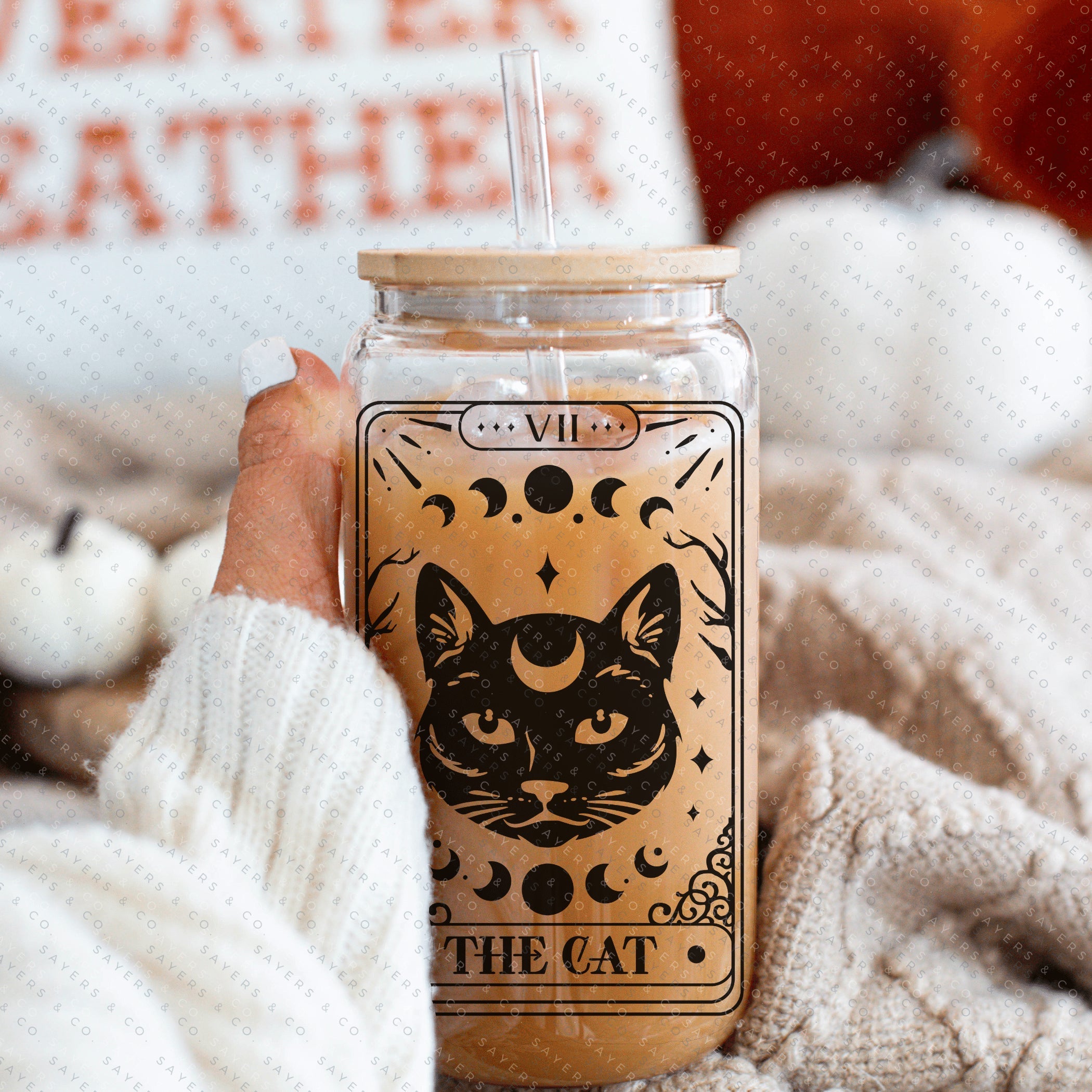 Funny Tarot Card Glass Cup with bamboo lid and straw, showcasing a whimsical design perfect for drinks.