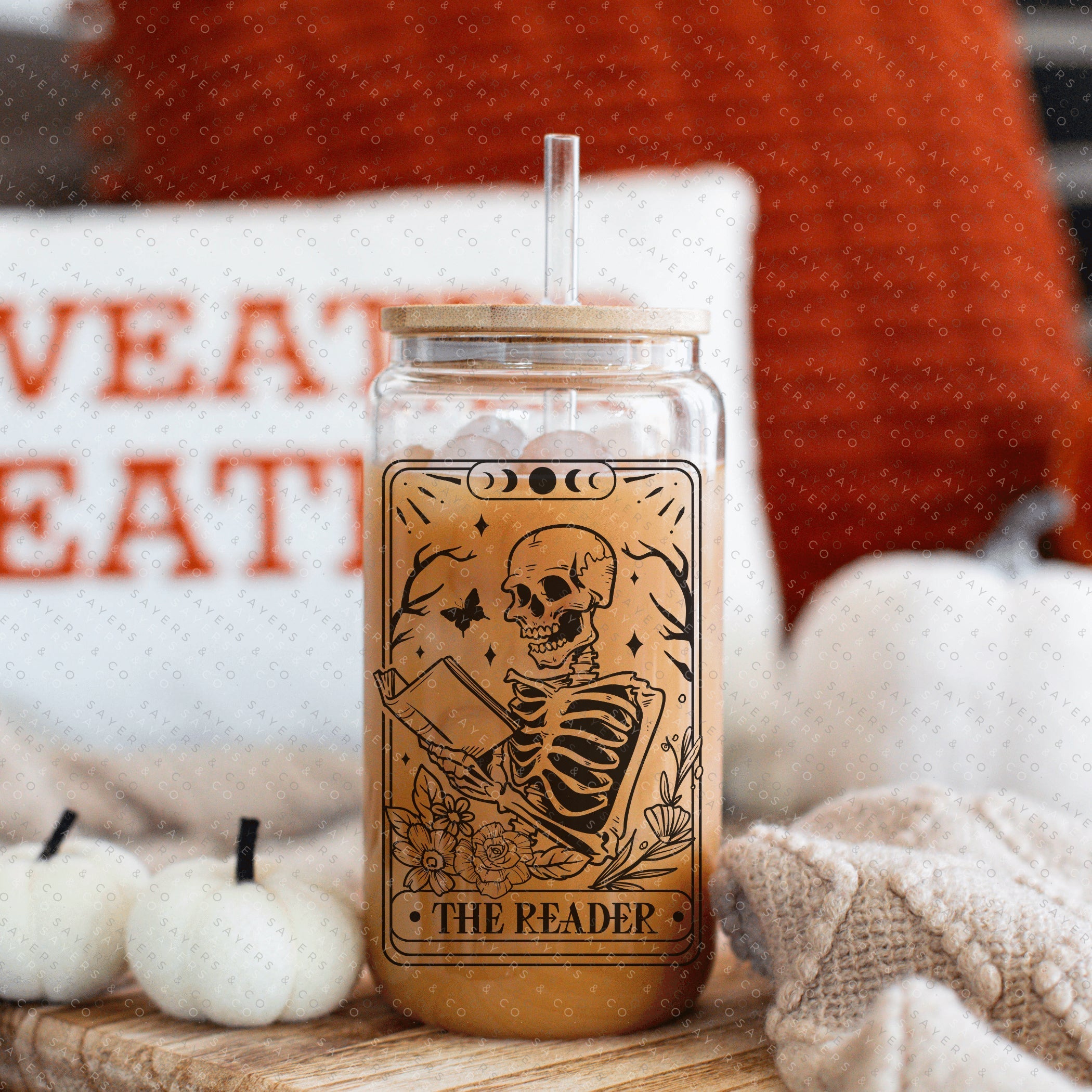 Funny Tarot Card Glass Cup with bamboo lid and straw, showcasing a whimsical design perfect for drinks.