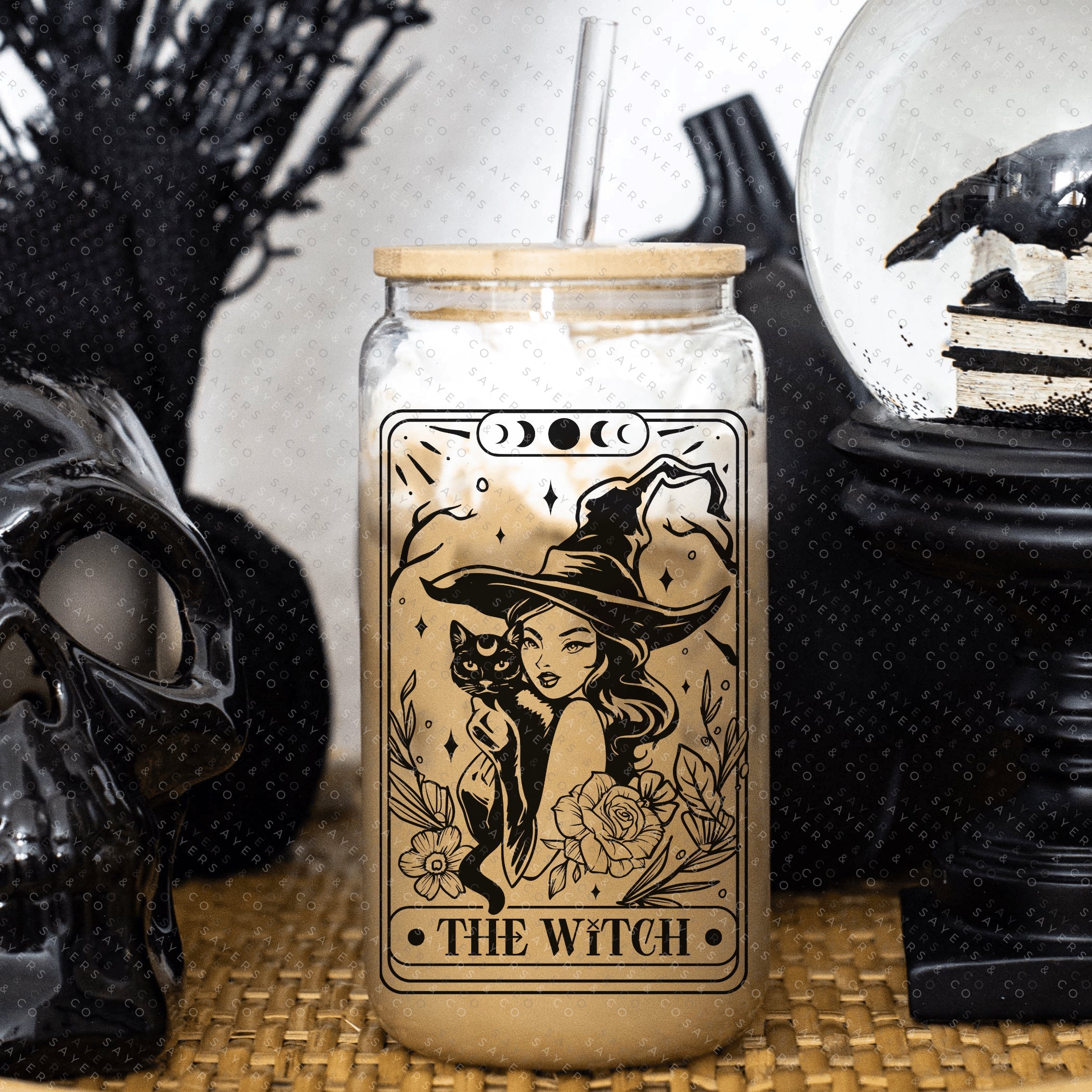 Funny Tarot Card Glass Cup with bamboo lid and straw, showcasing a whimsical design perfect for drinks.