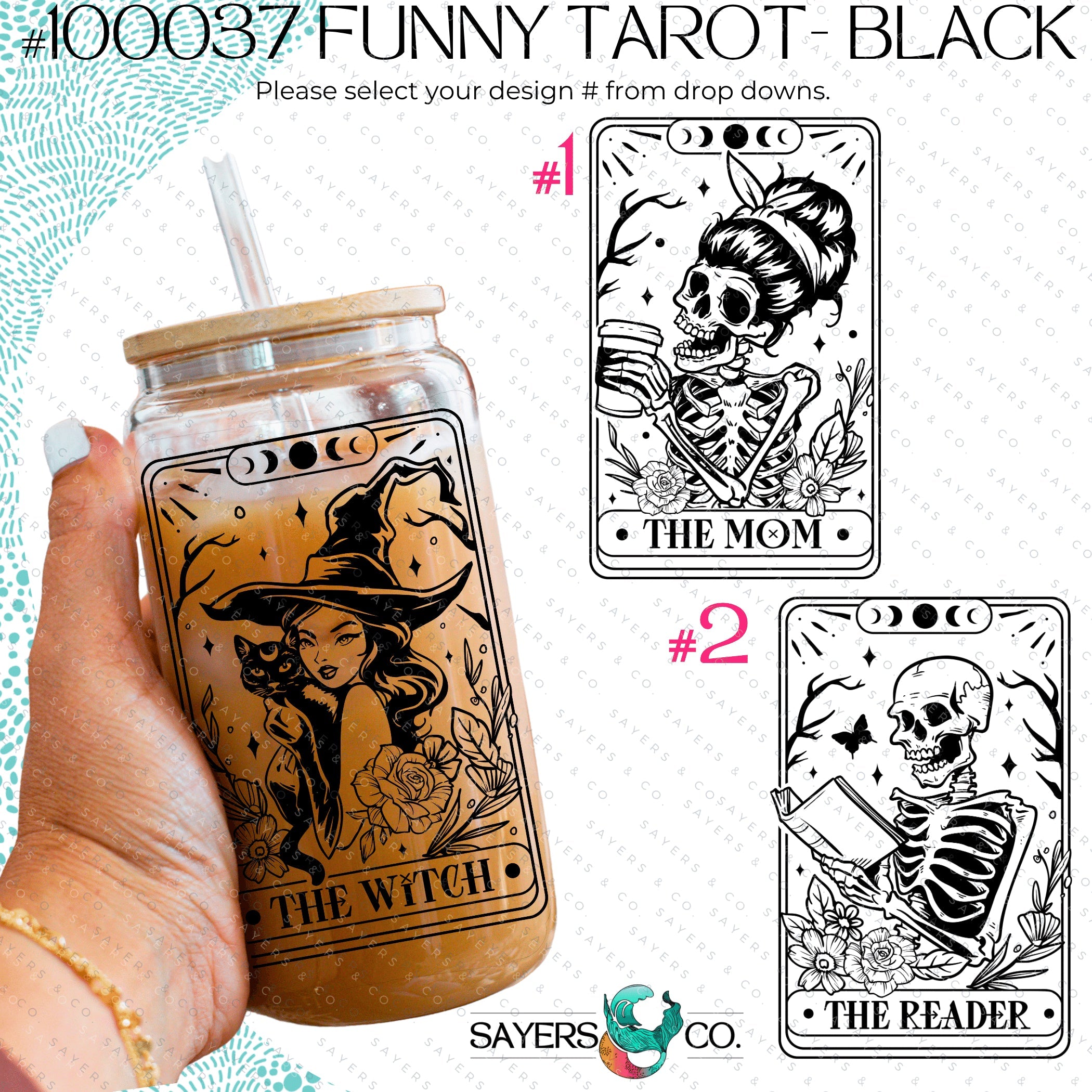 Funny Tarot Card Glass Cup with bamboo lid and straw, showcasing a whimsical design perfect for drinks.