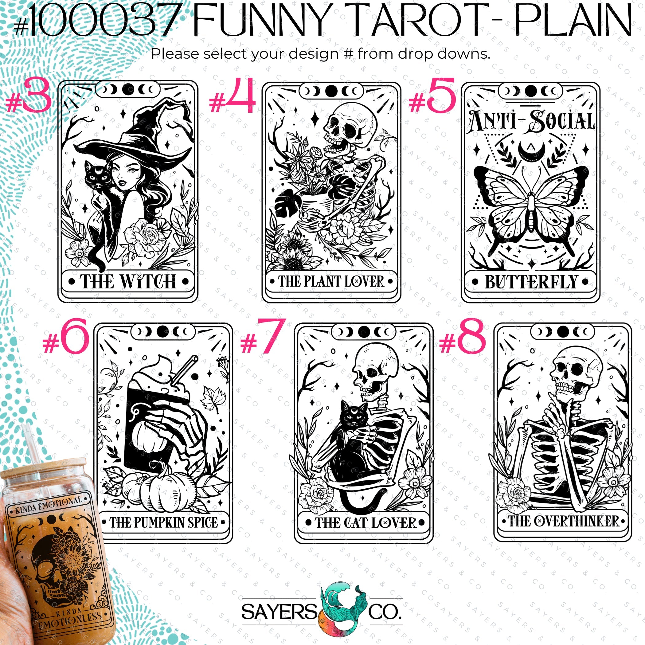 Funny Tarot Card Glass Cup with bamboo lid and straw, showcasing a whimsical design perfect for drinks.
