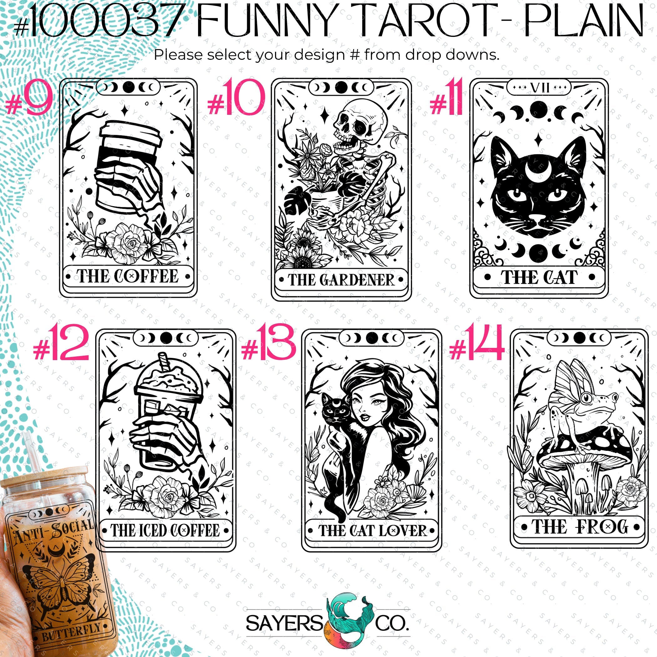 Funny Tarot Card Glass Cup with bamboo lid and straw, showcasing a whimsical design perfect for drinks.