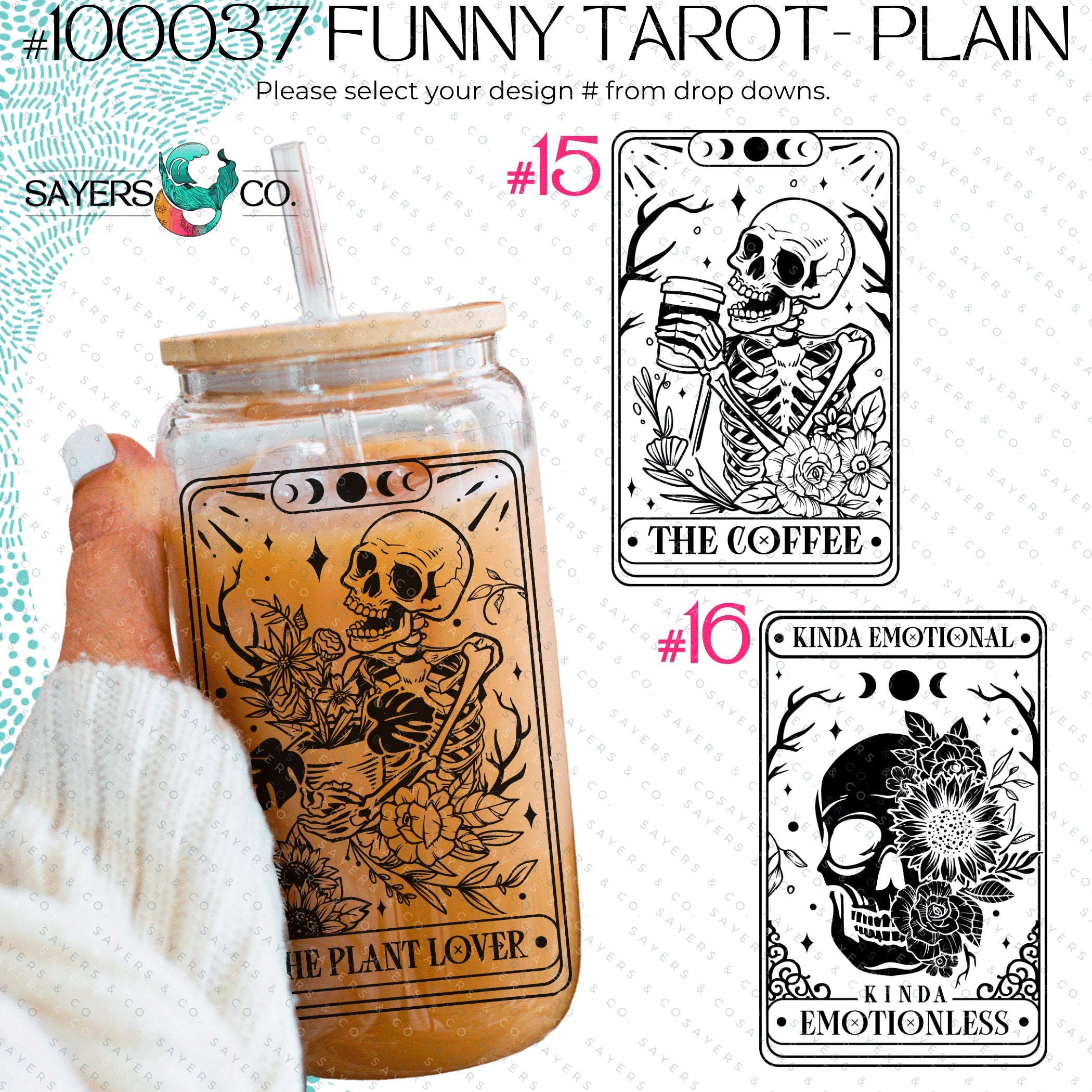 Funny Tarot Card Glass Cup with bamboo lid and straw, showcasing a whimsical design perfect for drinks.