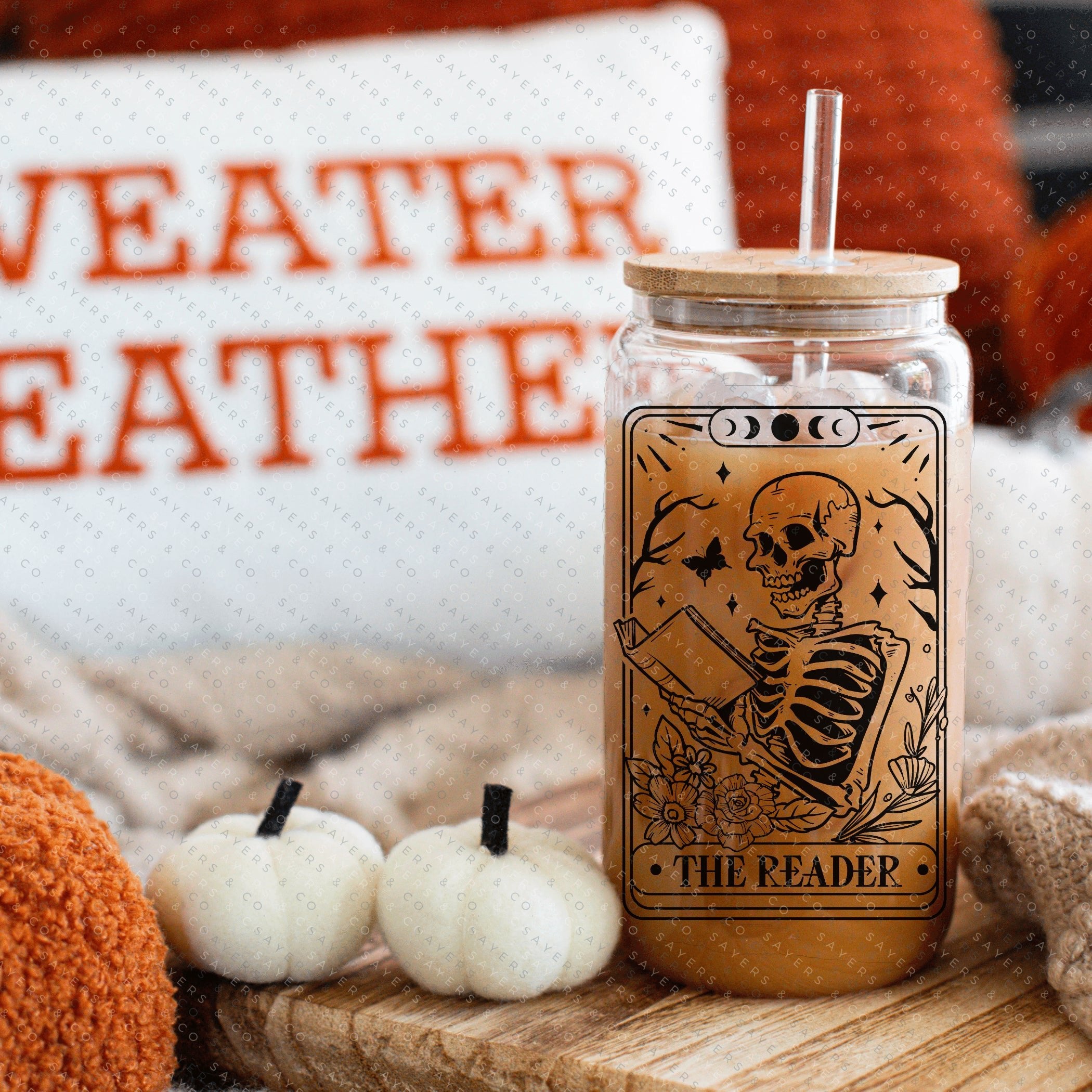 Funny Tarot Card Glass Cup with bamboo lid and straw, showcasing a whimsical design perfect for drinks.