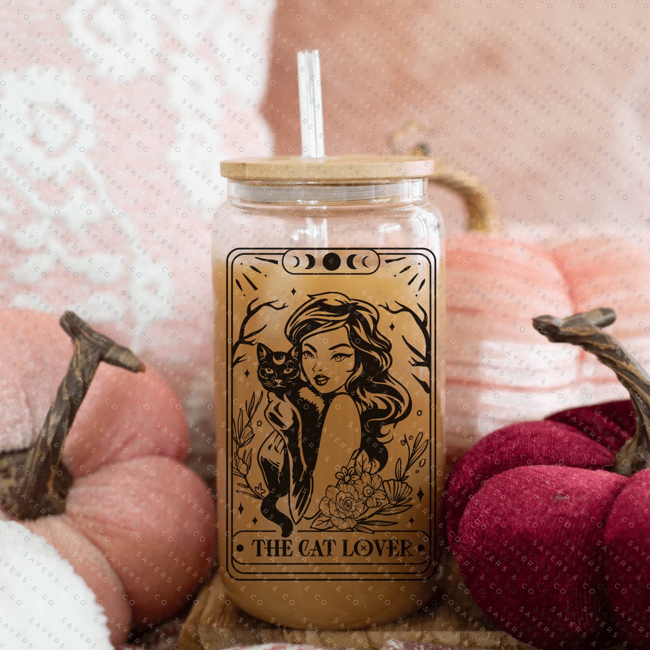 Funny Tarot Card Glass Cup with bamboo lid and straw, showcasing a whimsical design perfect for drinks.