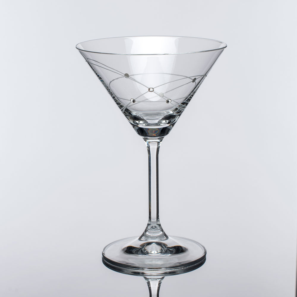Set of two Galaxy Spirals Martini Glasses with intricate spiral design and crystal stones, elegantly displayed in a gift box.