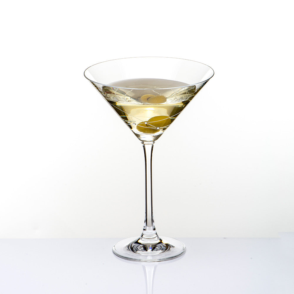 Set of two Galaxy Spirals Martini Glasses with intricate spiral design and crystal stones, elegantly displayed in a gift box.