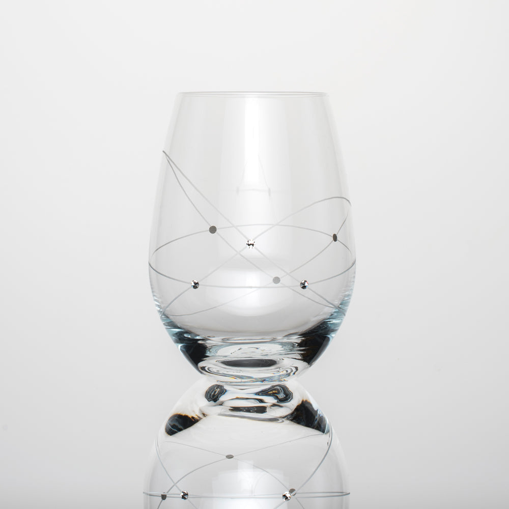 A set of two elegant Galaxy Spirals stemless wine glasses adorned with Swarovski crystals, beautifully presented in a gift box.