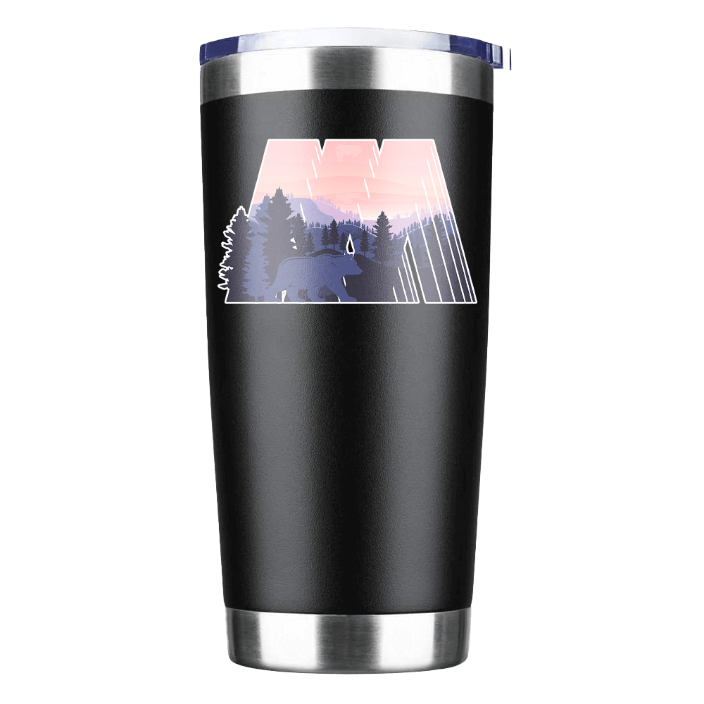 Geometric Camping 20oz Insulated Vacuum Sealed Tumbler in vibrant colors, showcasing its unique bowling pin shape and stainless steel finish.