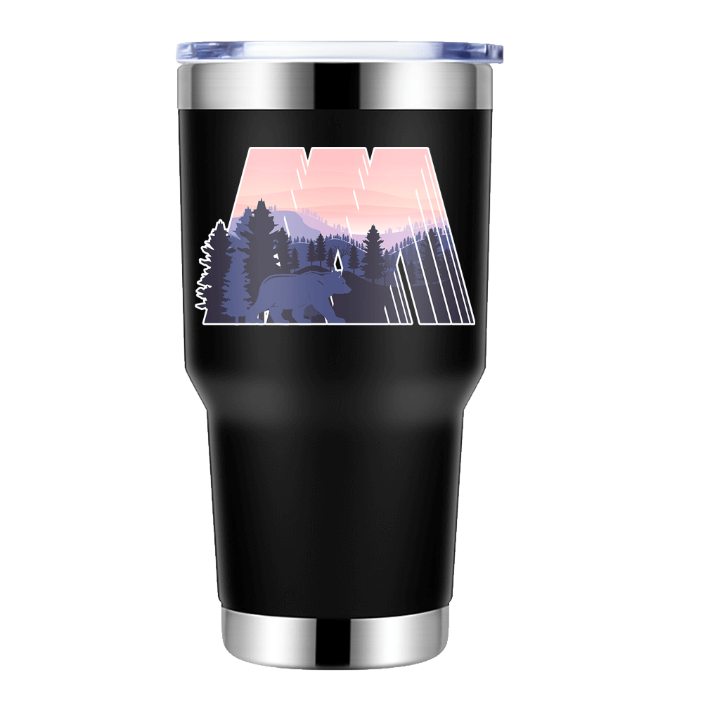 Geometric Camping 30oz Insulated Vacuum Sealed Tumbler in vibrant colors, showcasing its unique bowling pin shape and stainless steel finish.