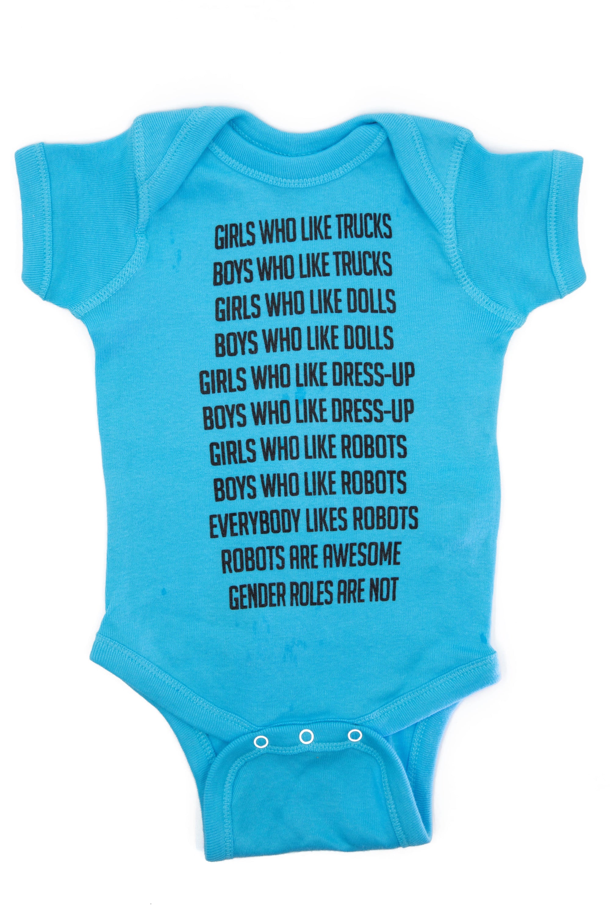 Bright aqua baby bodysuit featuring gender roles message and cute robot design on the back.