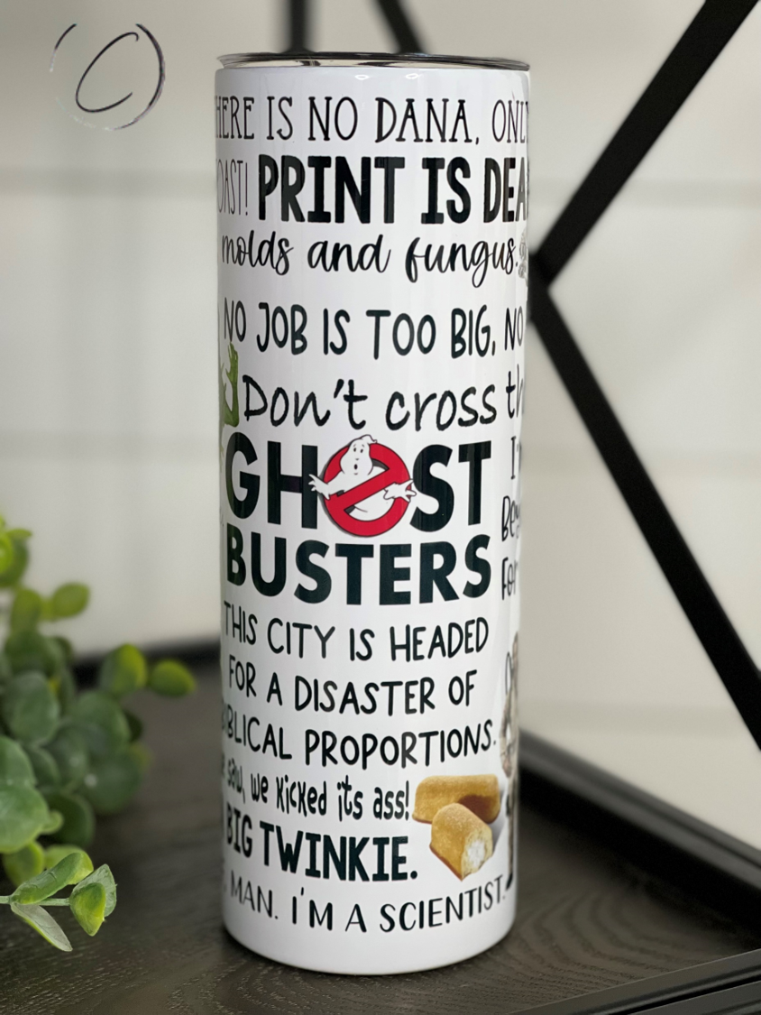 Ghostbusters 20oz Skinny Tumbler featuring iconic design, reusable straw, and durable construction.
