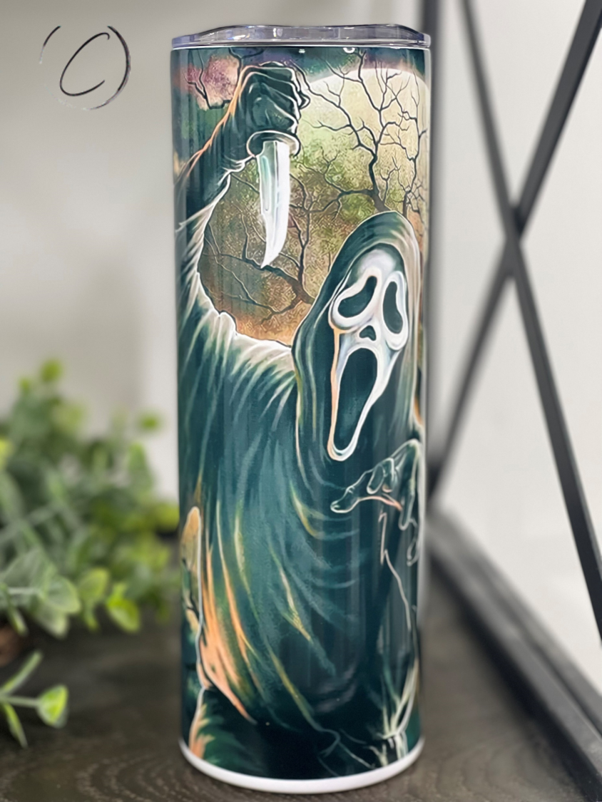 Ghostface Bloody Paper 20oz Skinny Tumbler featuring a full wrap design with iconic horror character.