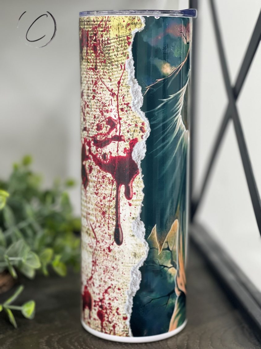 Ghostface Bloody Paper 20oz Skinny Tumbler featuring a full wrap design with iconic horror character.