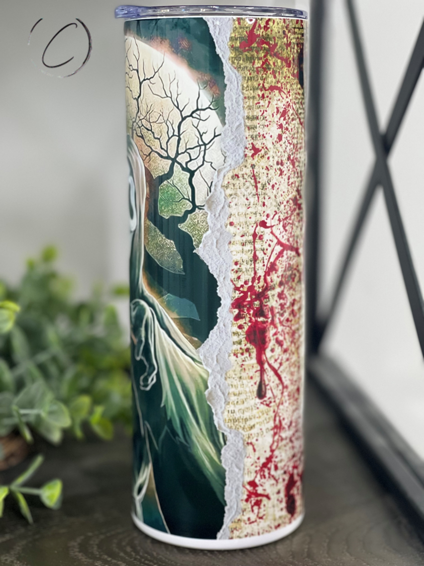 Ghostface Bloody Paper 20oz Skinny Tumbler featuring a full wrap design with iconic horror character.