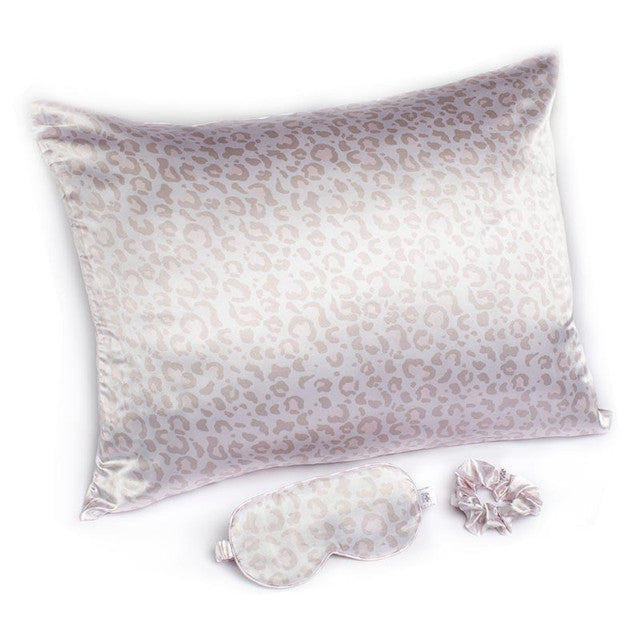 Giftable Leopard Goodnight Gorgeous Satin Sleep Set featuring a stylish leopard print and a matching sleep mask, perfect for luxurious sleep.