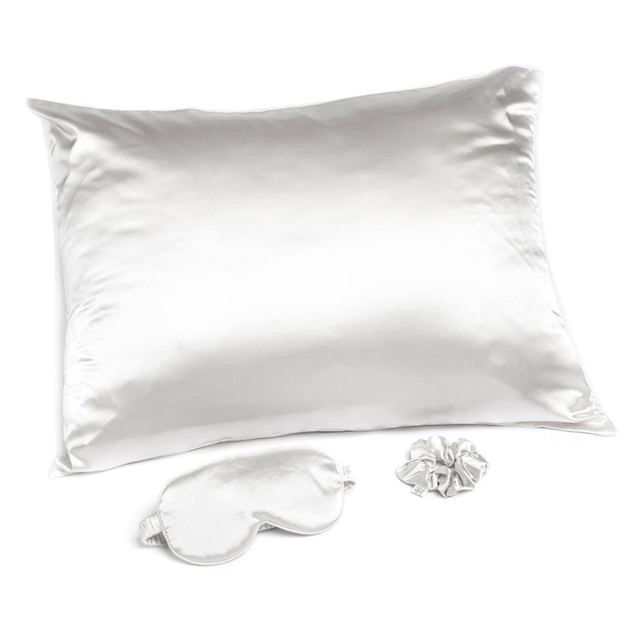 Giftable White Goodnight Gorgeous Satin Sleep Set including a satin pillowcase, sleep mask, and scrunchie in elegant packaging.