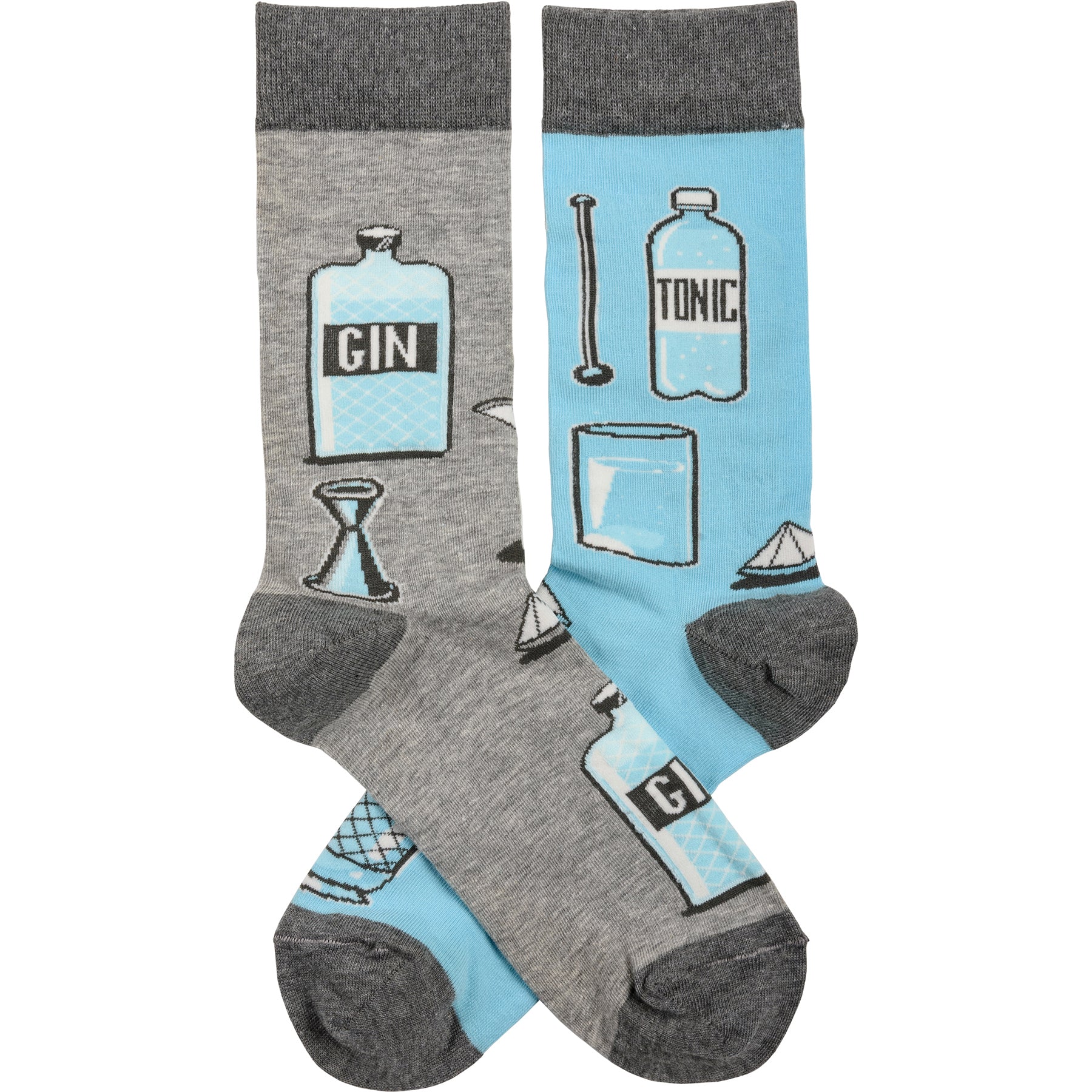 Gray and blue mismatched novelty socks featuring woven gin and tonic designs, perfect for fun-loving gin enthusiasts.