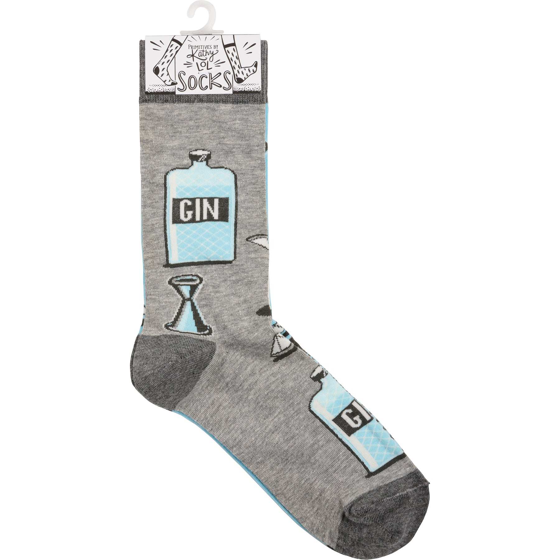 Gray and blue mismatched novelty socks featuring woven gin and tonic designs, perfect for fun-loving gin enthusiasts.
