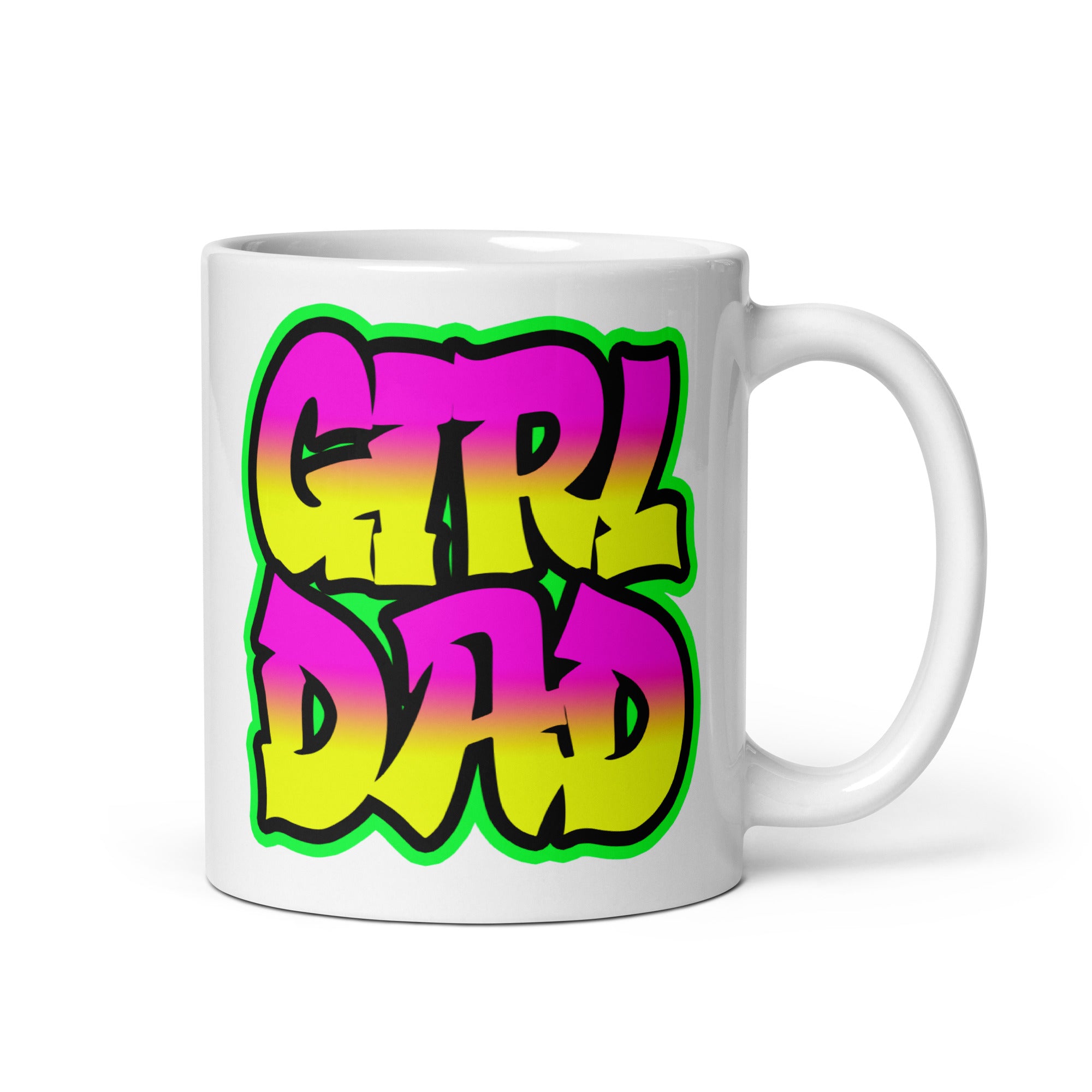 A stylish ceramic mug featuring a vibrant graffiti design celebrating girl dads, available in two sizes.