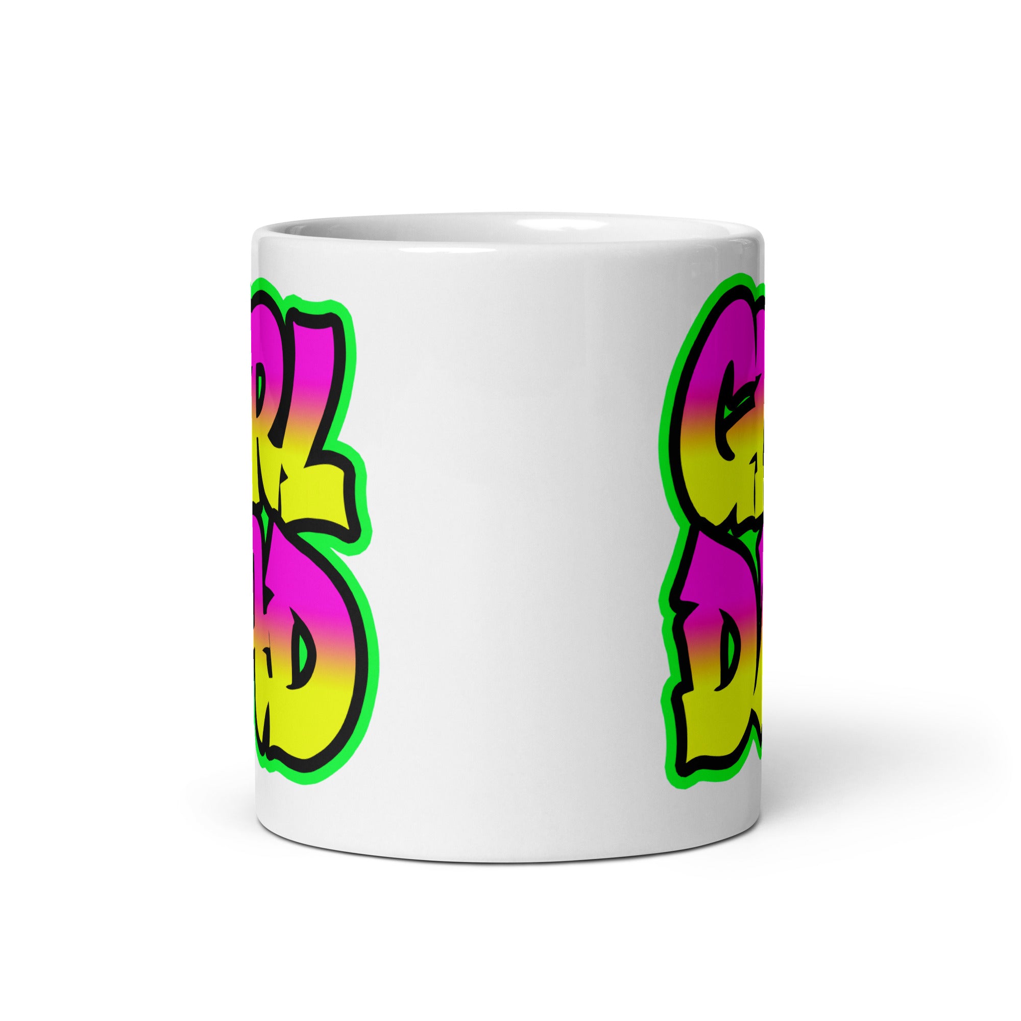A stylish ceramic mug featuring a vibrant graffiti design celebrating girl dads, available in two sizes.