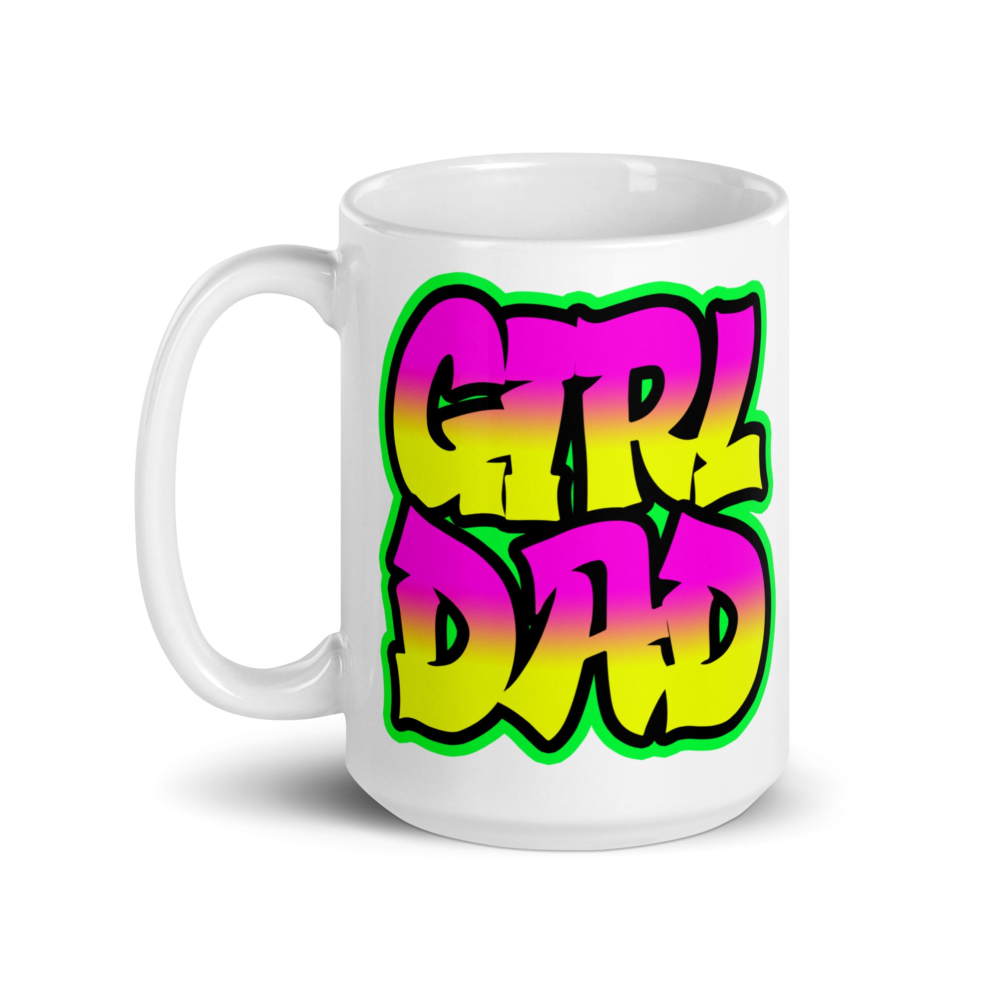 A stylish ceramic mug featuring a vibrant graffiti design celebrating girl dads, available in two sizes.