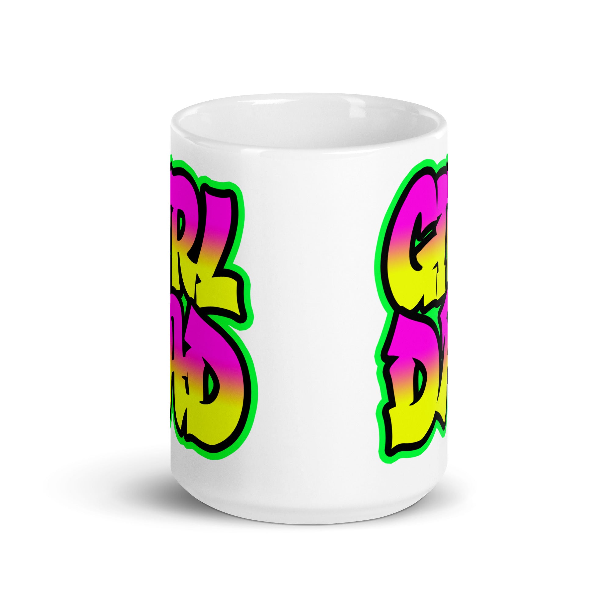 A stylish ceramic mug featuring a vibrant graffiti design celebrating girl dads, available in two sizes.