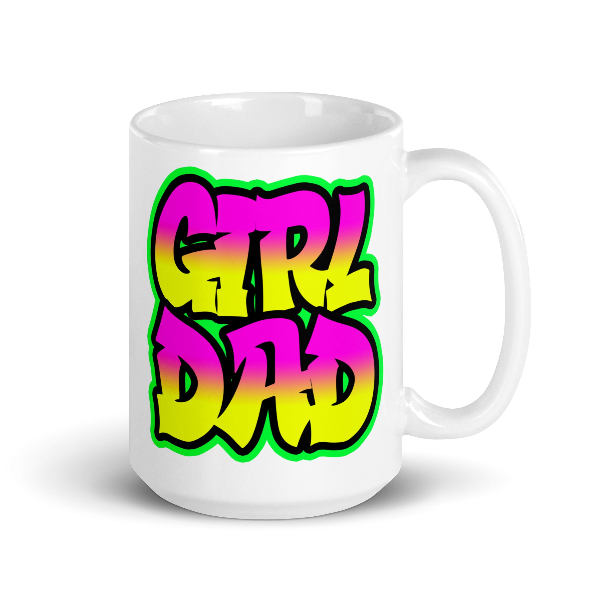 A stylish ceramic mug featuring a vibrant graffiti design celebrating girl dads, available in two sizes.