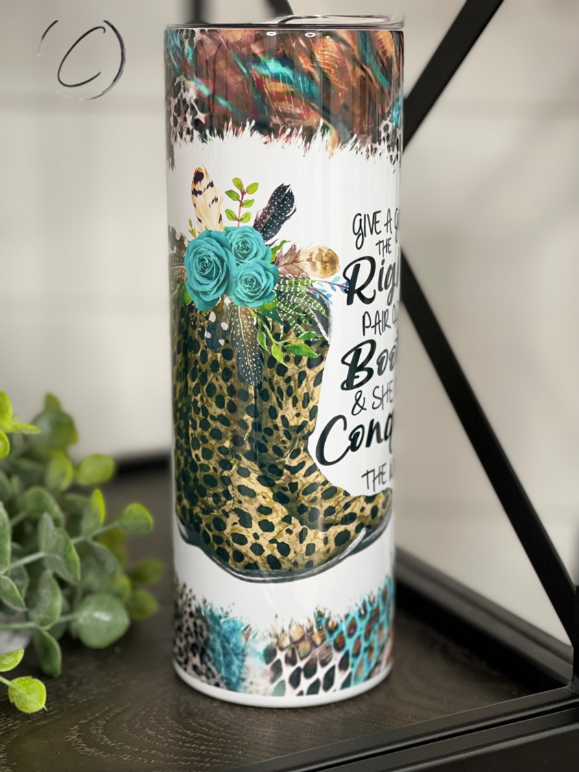 Stylish 20oz skinny tumbler with a unique design featuring boots, perfect for hot and cold beverages.