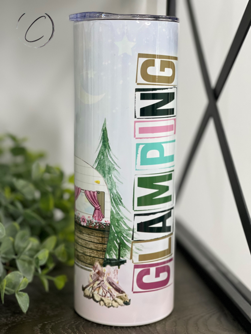 Glamping Queen 20oz Skinny Tumbler with vibrant full wrap design and reusable straw, perfect for outdoor adventures.