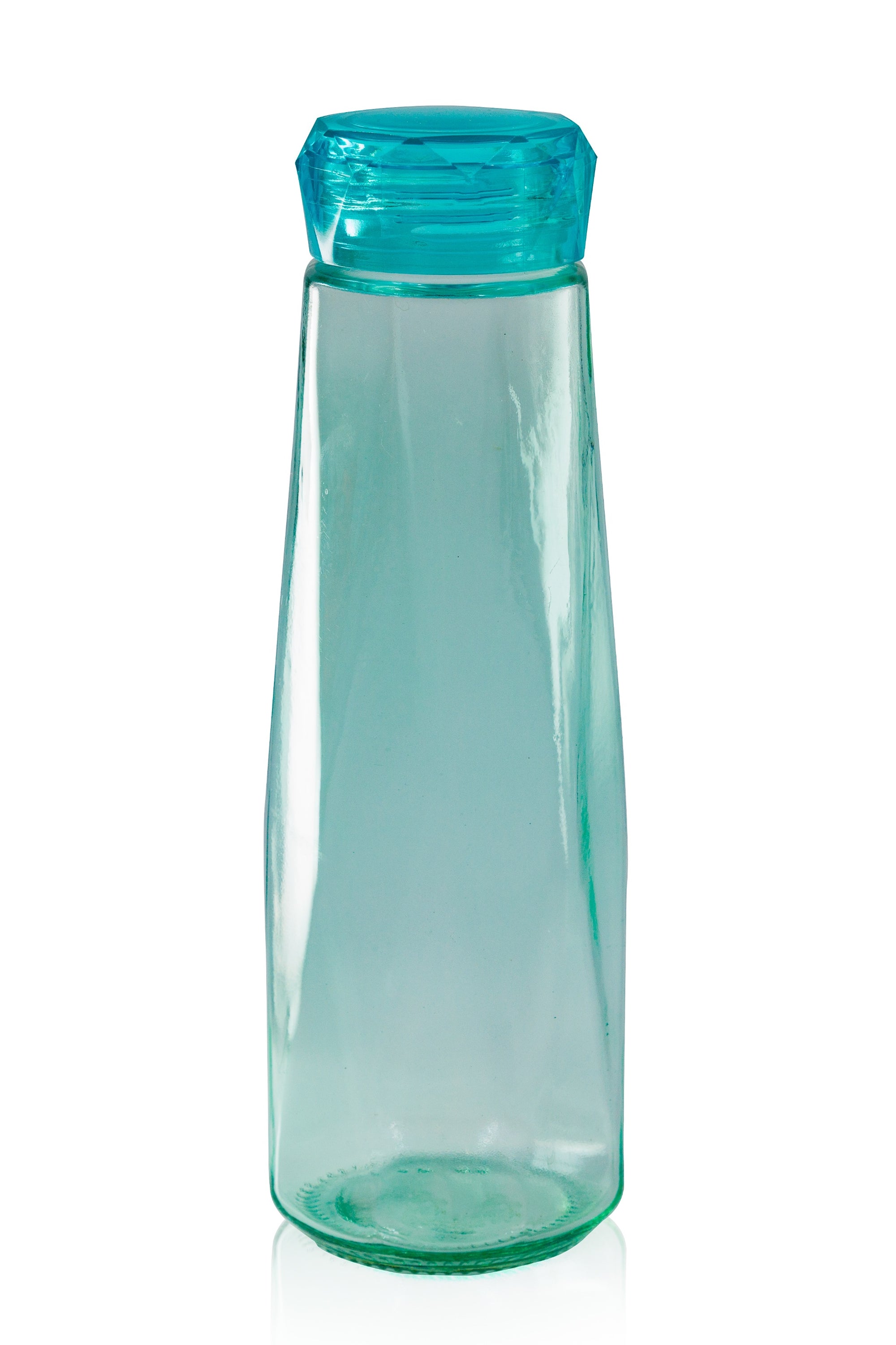 Aqua blue faceted glass diamond water bottle with a plastic screw lid, 16 oz capacity, stylish design for hydration on the go.