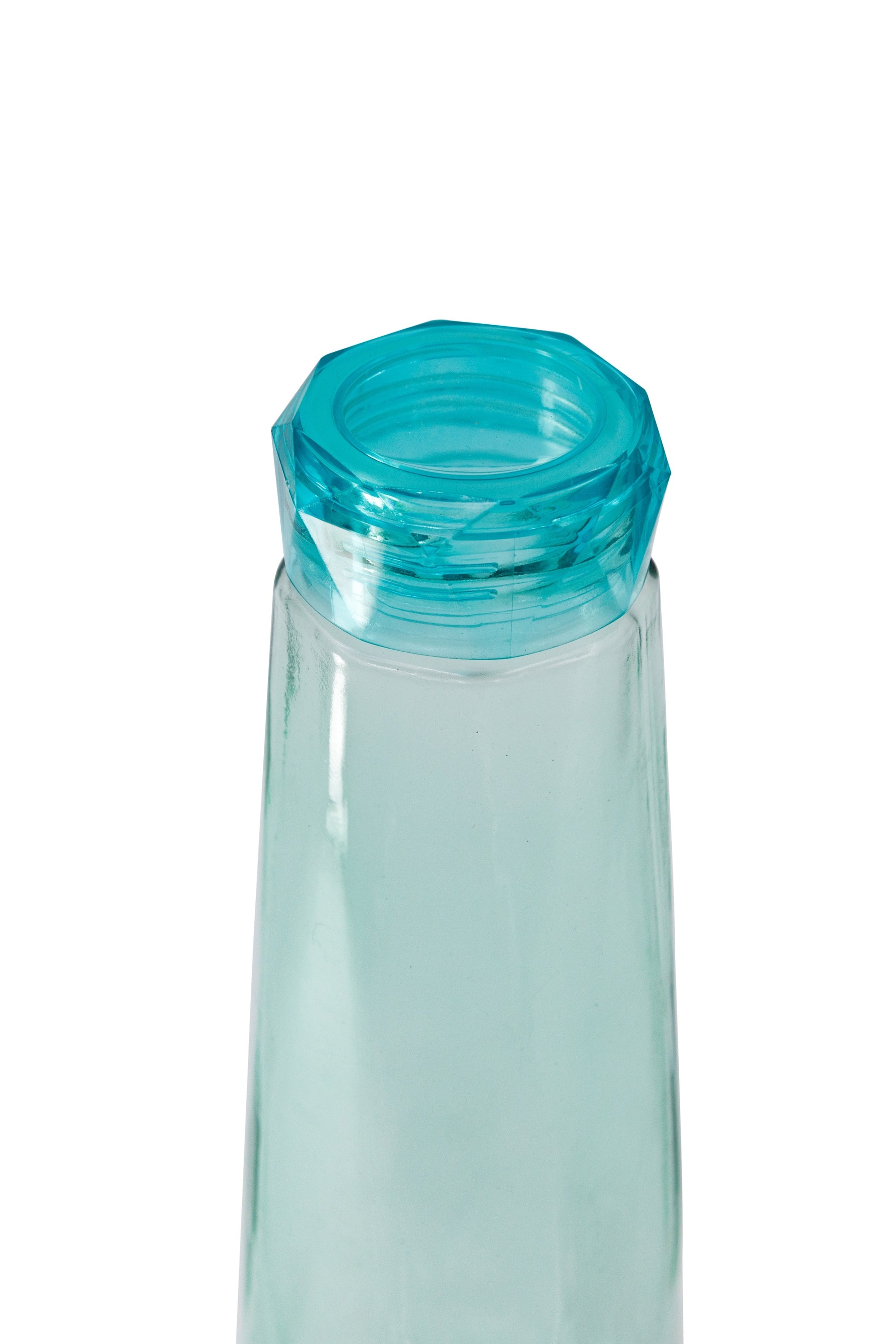 Aqua blue faceted glass diamond water bottle with a plastic screw lid, 16 oz capacity, stylish design for hydration on the go.