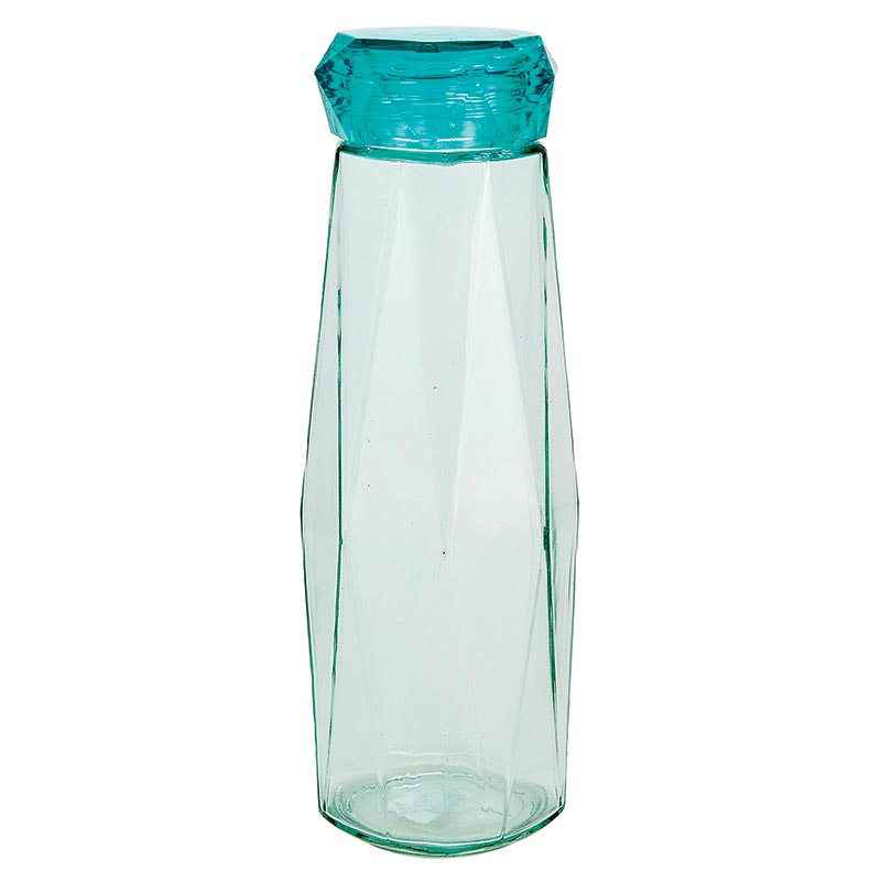 Aqua blue faceted glass diamond water bottle with a plastic screw lid, 16 oz capacity, stylish design for hydration on the go.