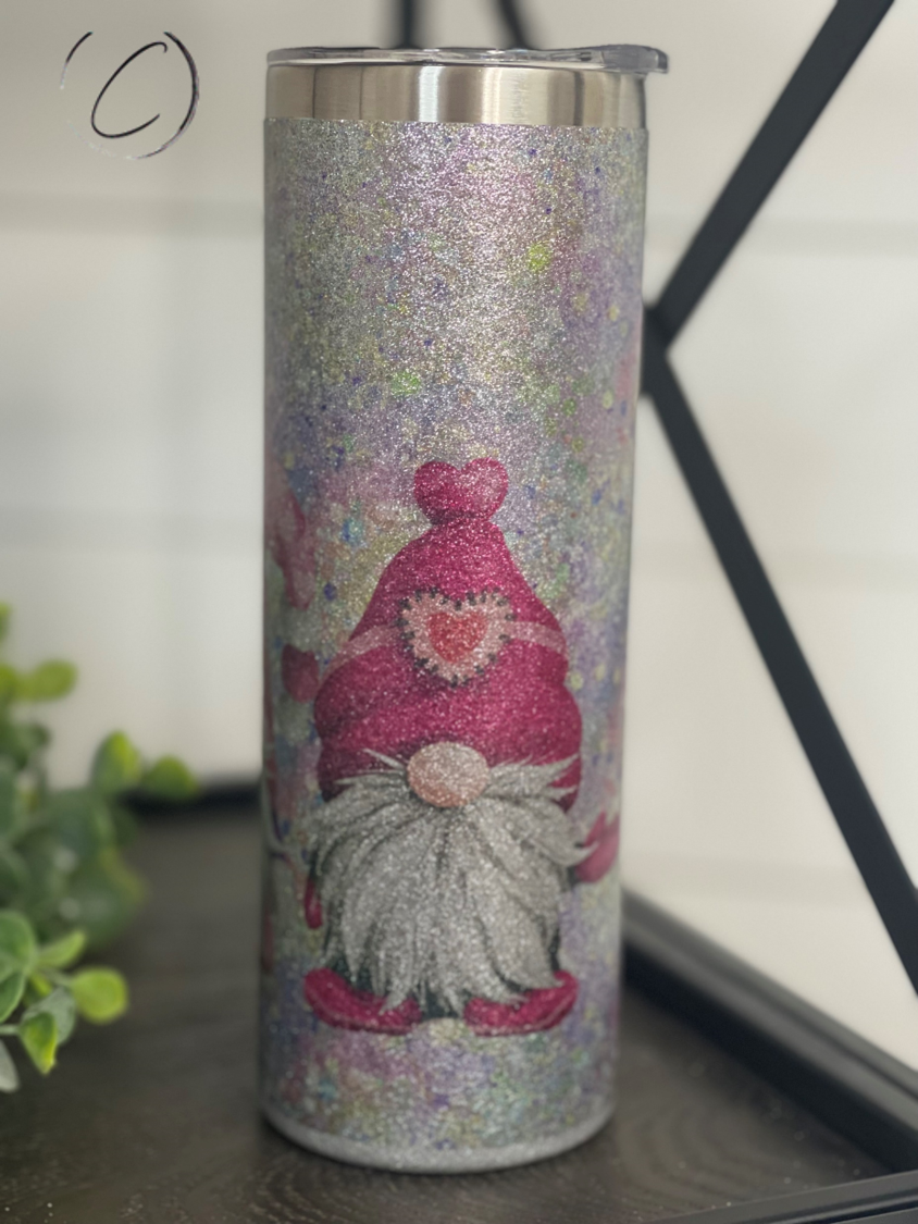 Glitter Valentines Gnomes 20oz skinny tumbler with vibrant glitter coating and festive gnome design.