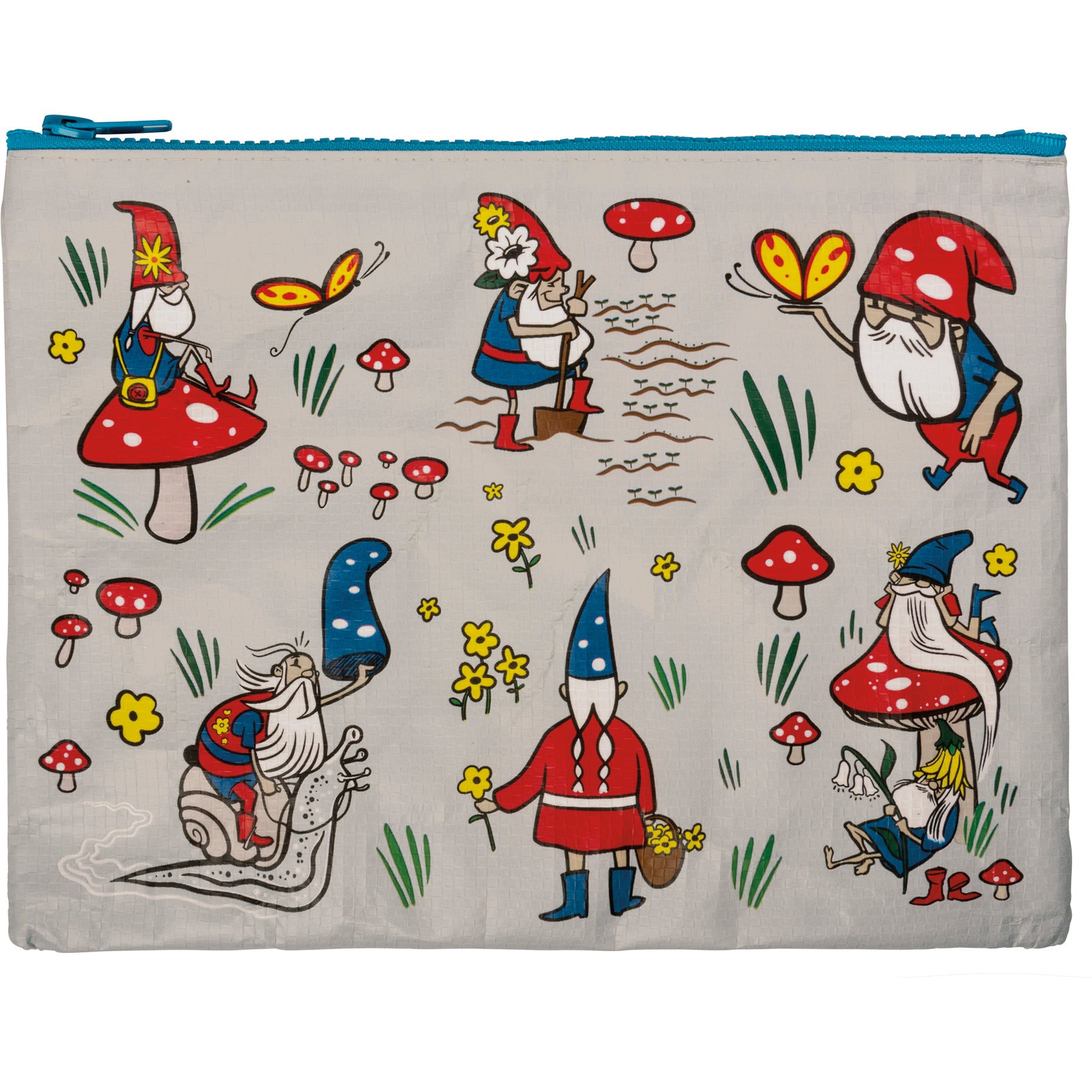 Colorful zipper pouch featuring gardening gnomes design on both sides, made from recycled materials.