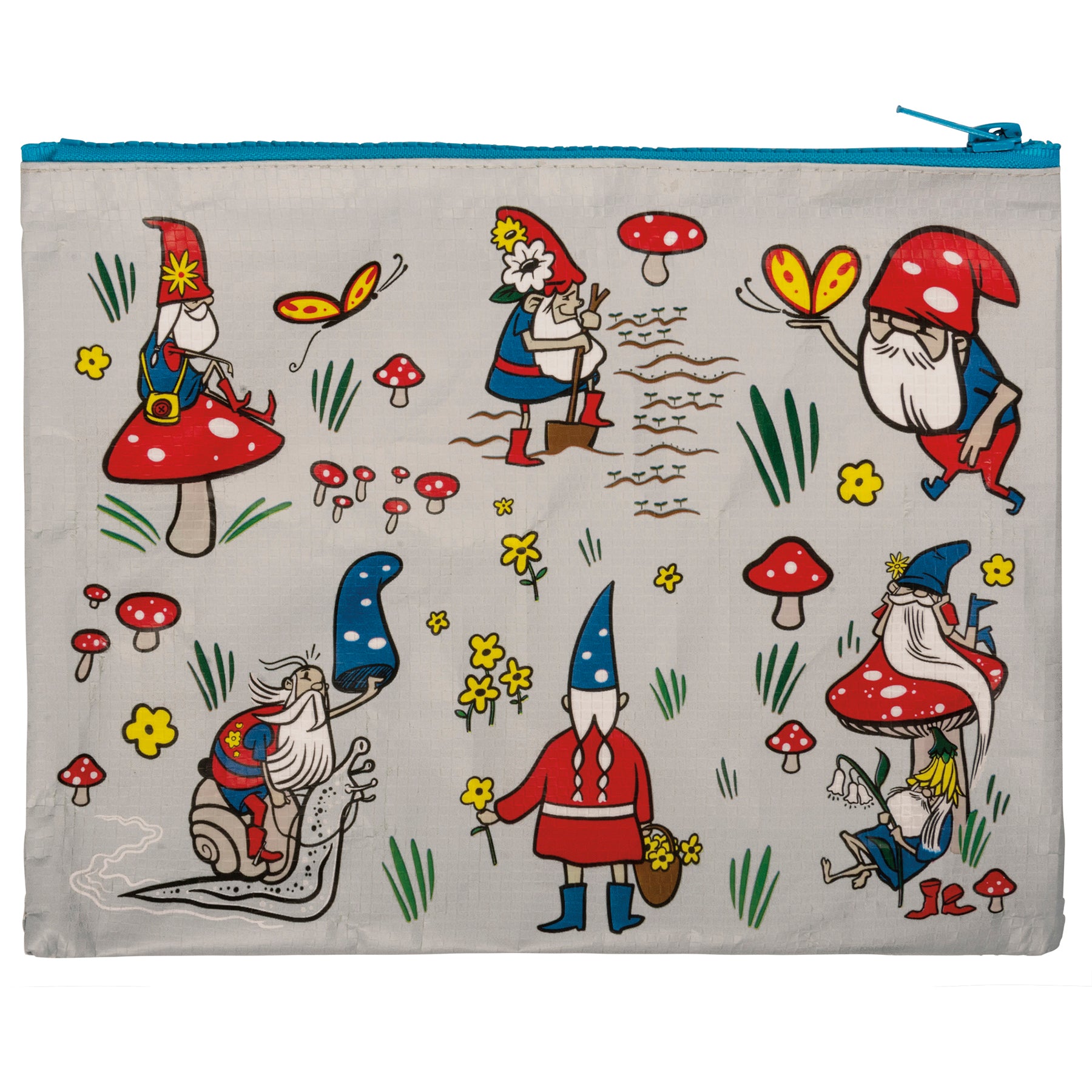 Colorful zipper pouch featuring gardening gnomes design on both sides, made from recycled materials.