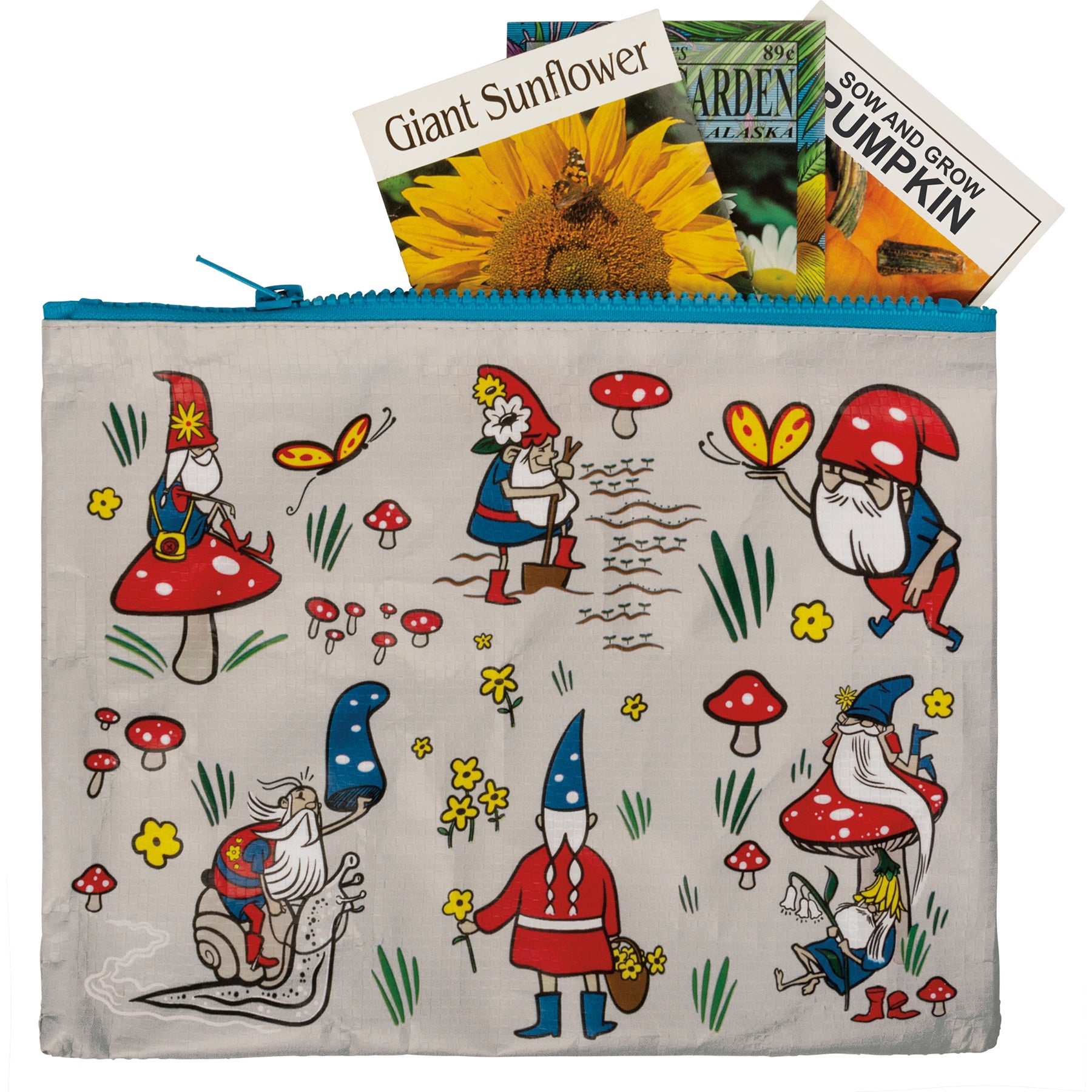 Colorful zipper pouch featuring gardening gnomes design on both sides, made from recycled materials.