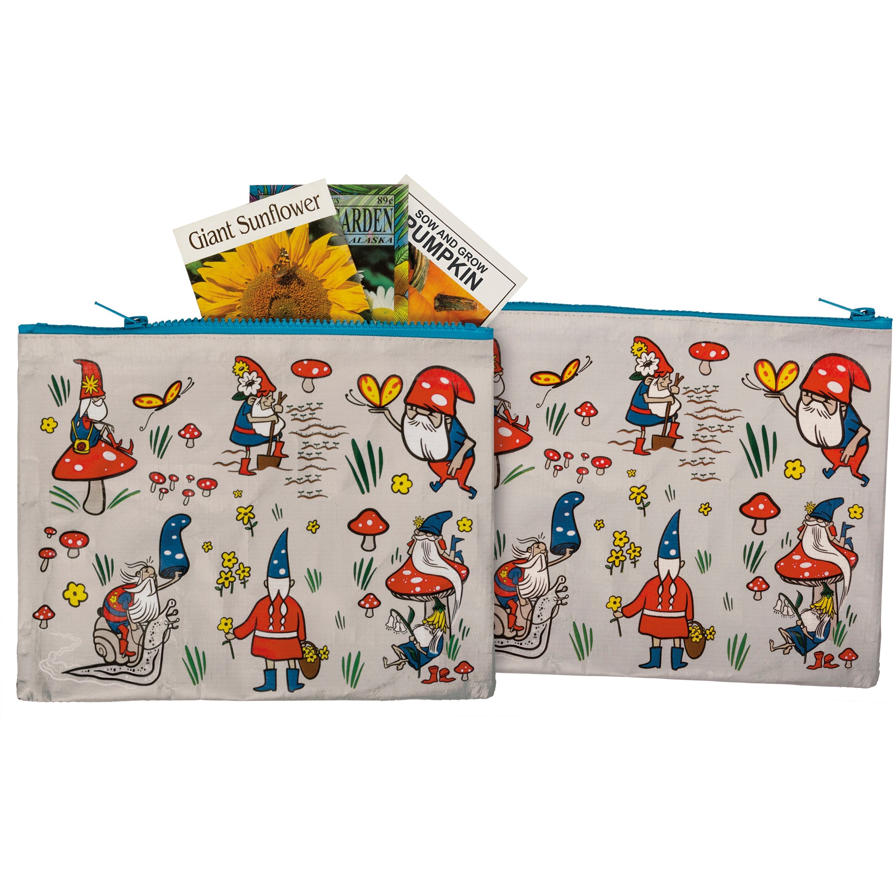 Colorful zipper pouch featuring gardening gnomes design on both sides, made from recycled materials.