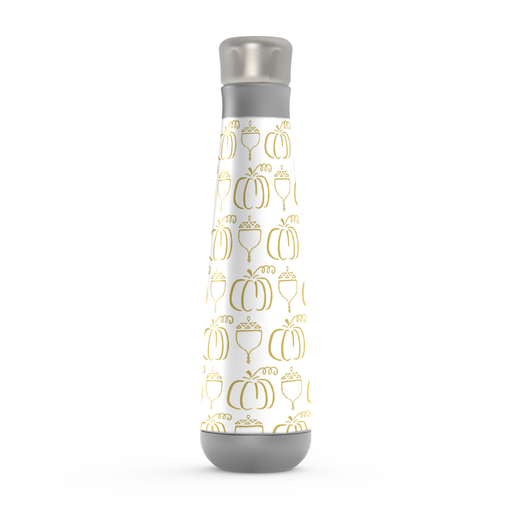 Gold Acorn & Pumpkin Peristyle Water Bottle with stainless steel finish and stylish design, perfect for hydration on the go.