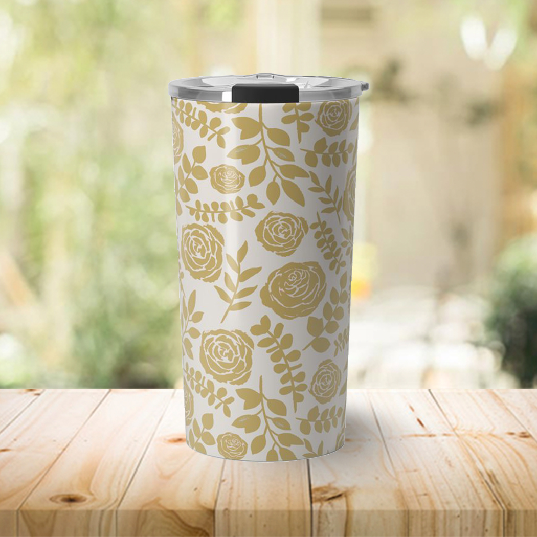 Gold Floral Travel Coffee Mug with stainless steel body and floral design, perfect for hot and cold beverages.