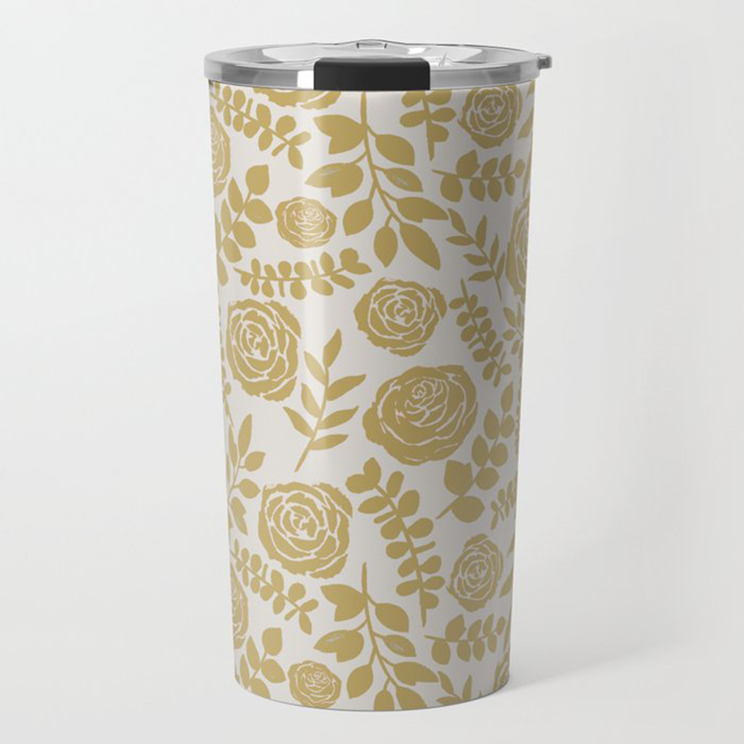 Gold Floral Travel Coffee Mug with stainless steel body and floral design, perfect for hot and cold beverages.
