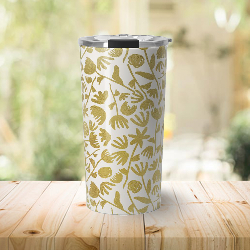 Gold Ink Floral Travel Coffee Mug featuring a stunning floral design with gold accents, made of lightweight stainless steel.